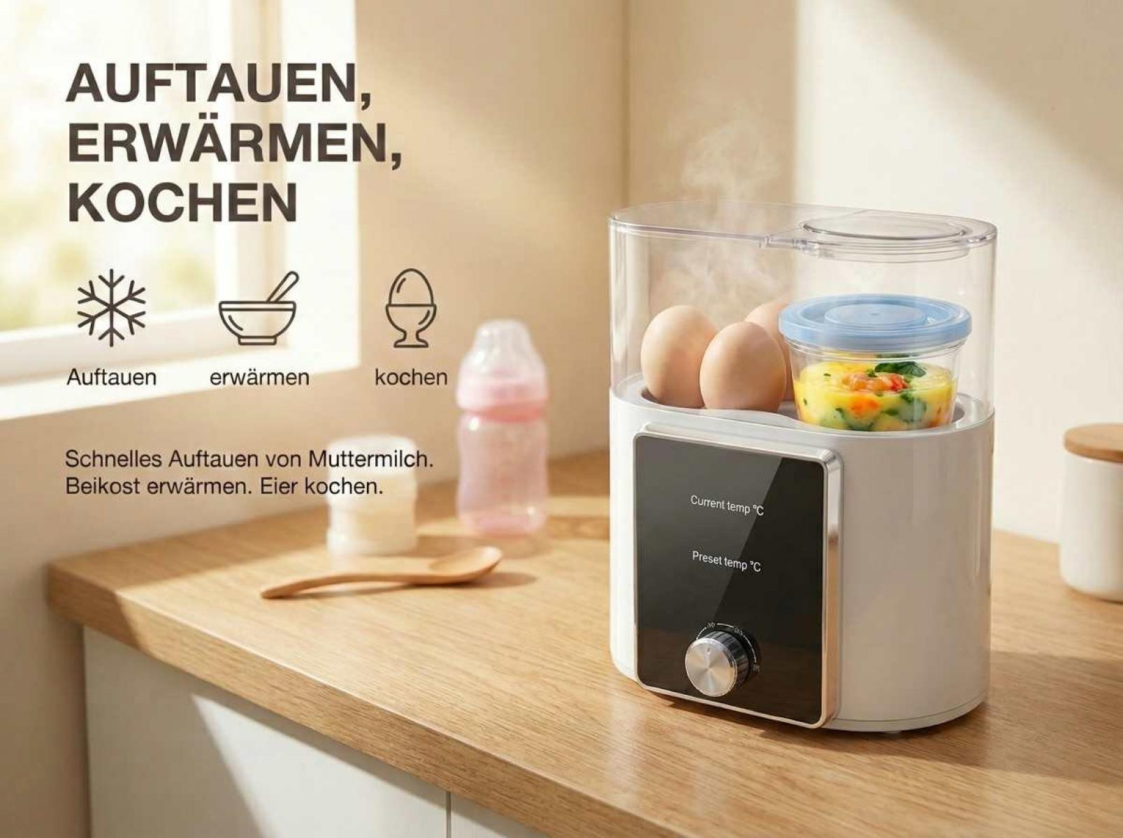 Ein Dampfgarer für Babynahrung mit Eiern und Brei. Links sind Symbole für Auftauen, Erwärmen, Kochen.