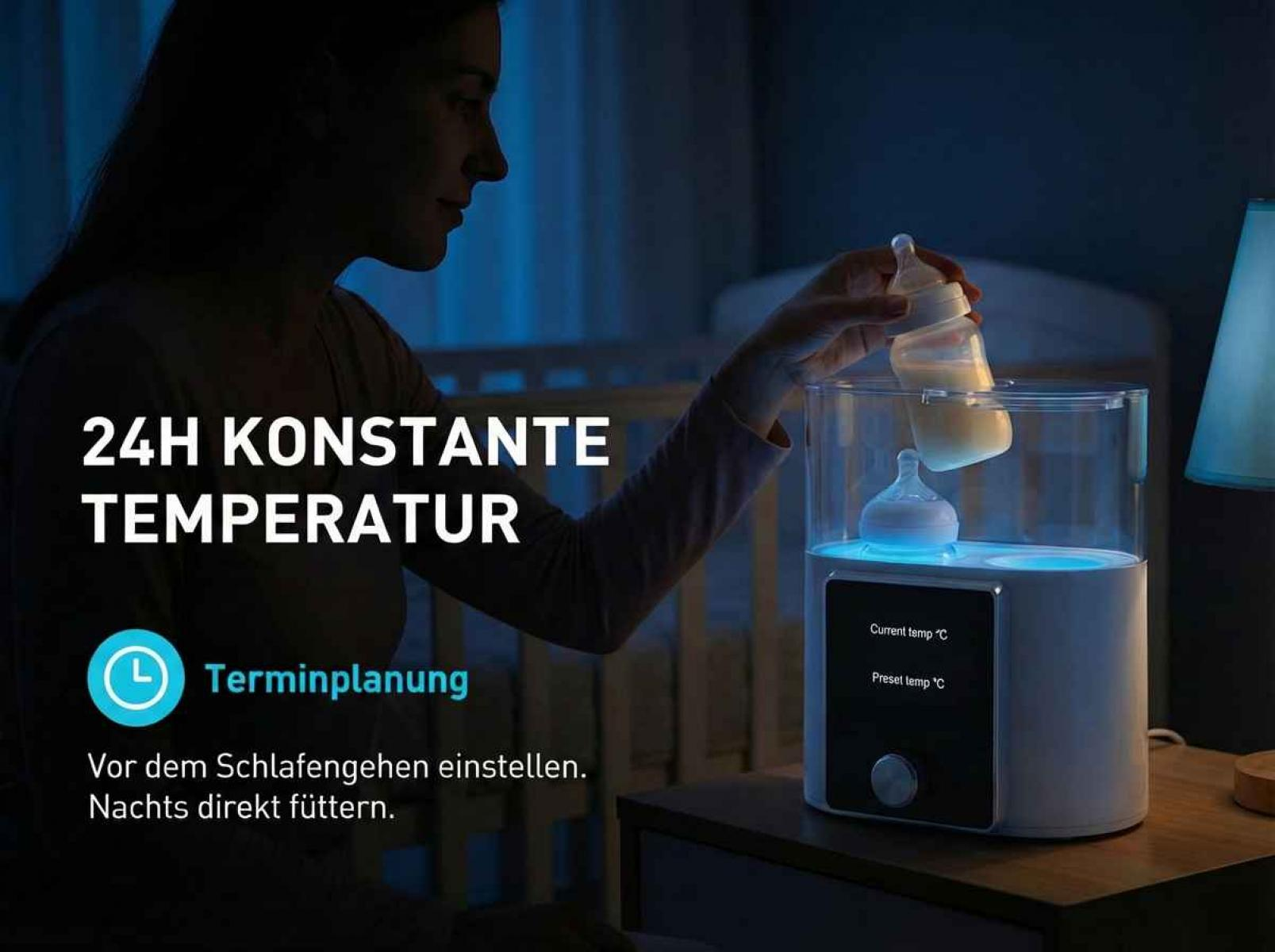 Eine Frau benutzt einen Flaschenwärmer mit Milch bei Nacht.