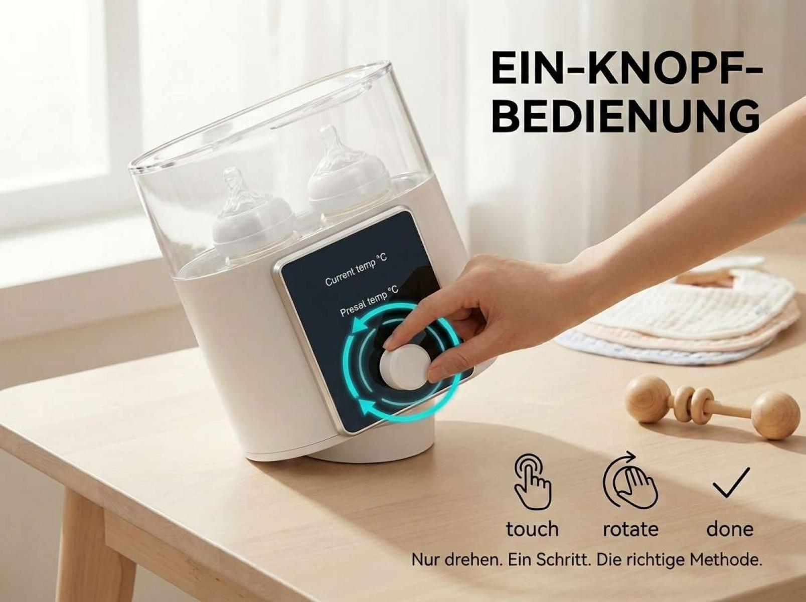 Ein Babyflaschenwärmer mit zwei Flaschen, Bedienung per Drehknopf.