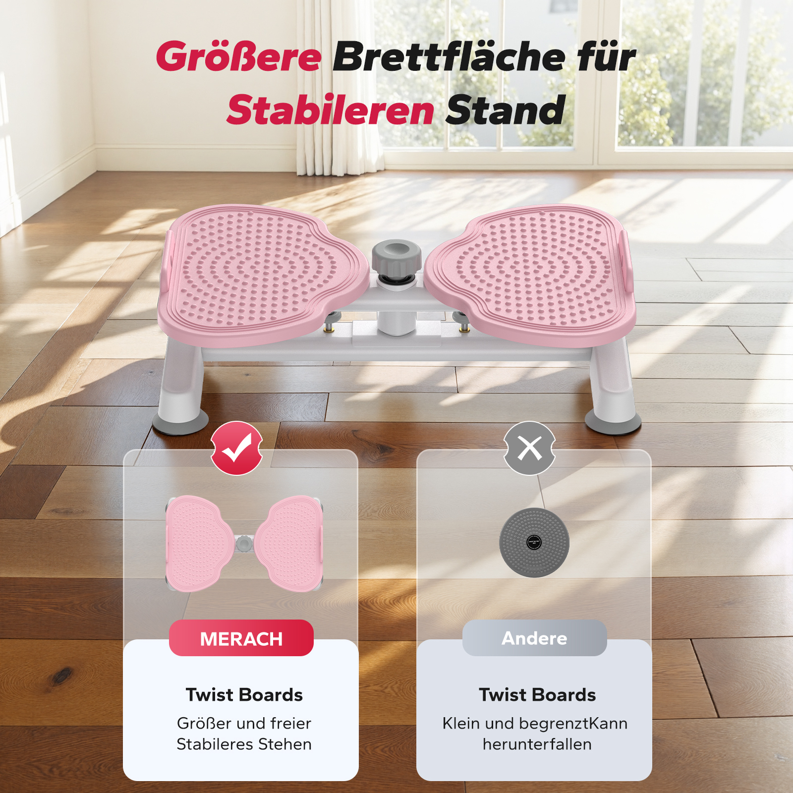 Ein rosafarbener Twist Board mit breiterer Standfläche und eine kleinere graue Scheibe.
