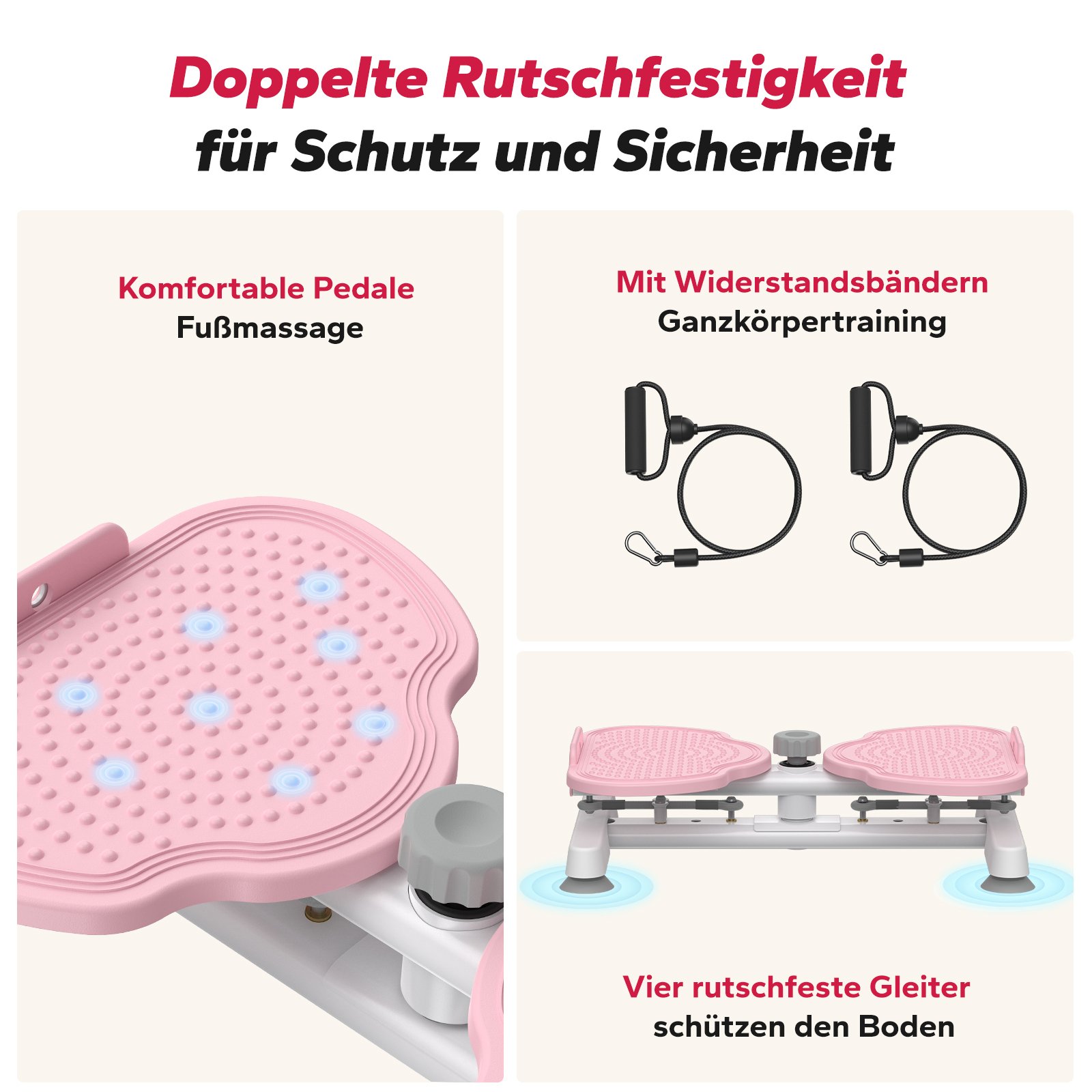 Ein rosa Stepper mit Gummibändern und Text.