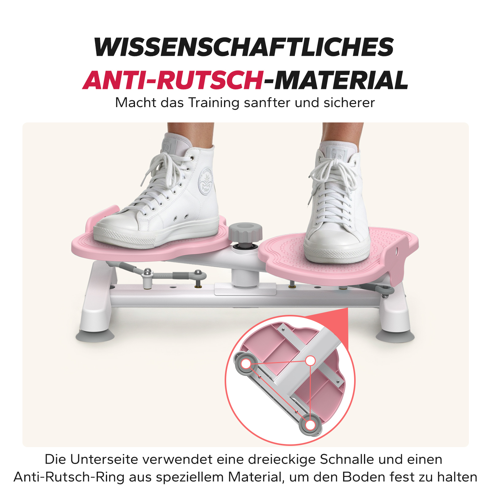 Ein Paar weiße Sneaker auf einem rosa Stepper mit Nahaufnahme der Unterseite.