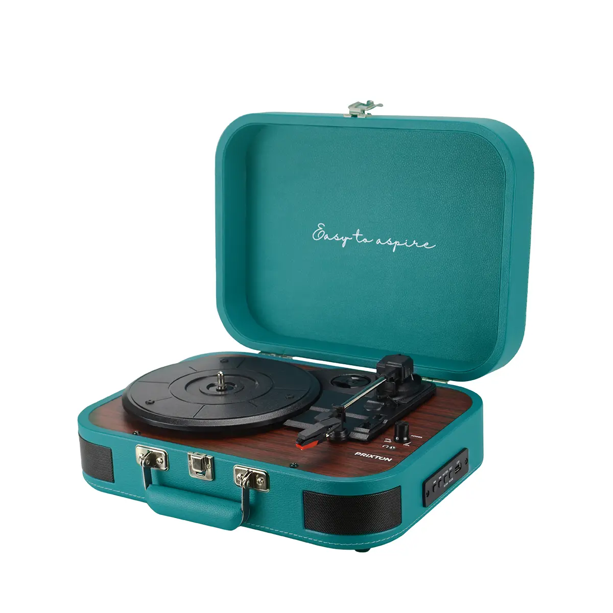 Turkusowy gramofon w stylu walizki z drewnianymi akcentami i otwartą pokrywą.