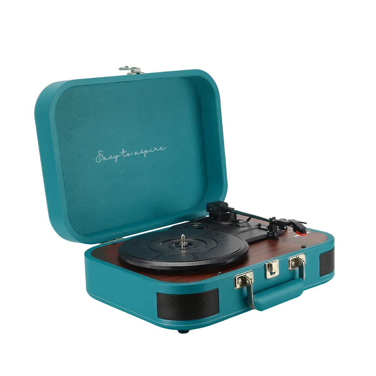 Turkusowy gramofon w stylu walizki z otwartą pokrywą, z napisem „Easy to aspire”.