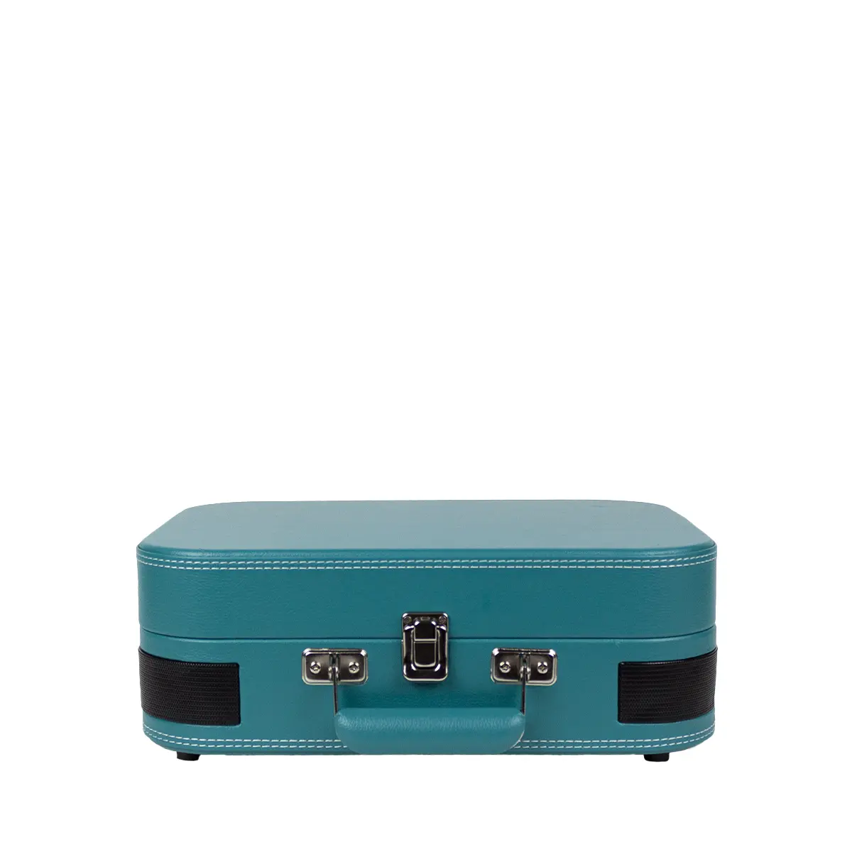 Turkusowa walizka z białymi szwami i srebrnymi okuciami. Izolowana na białym.