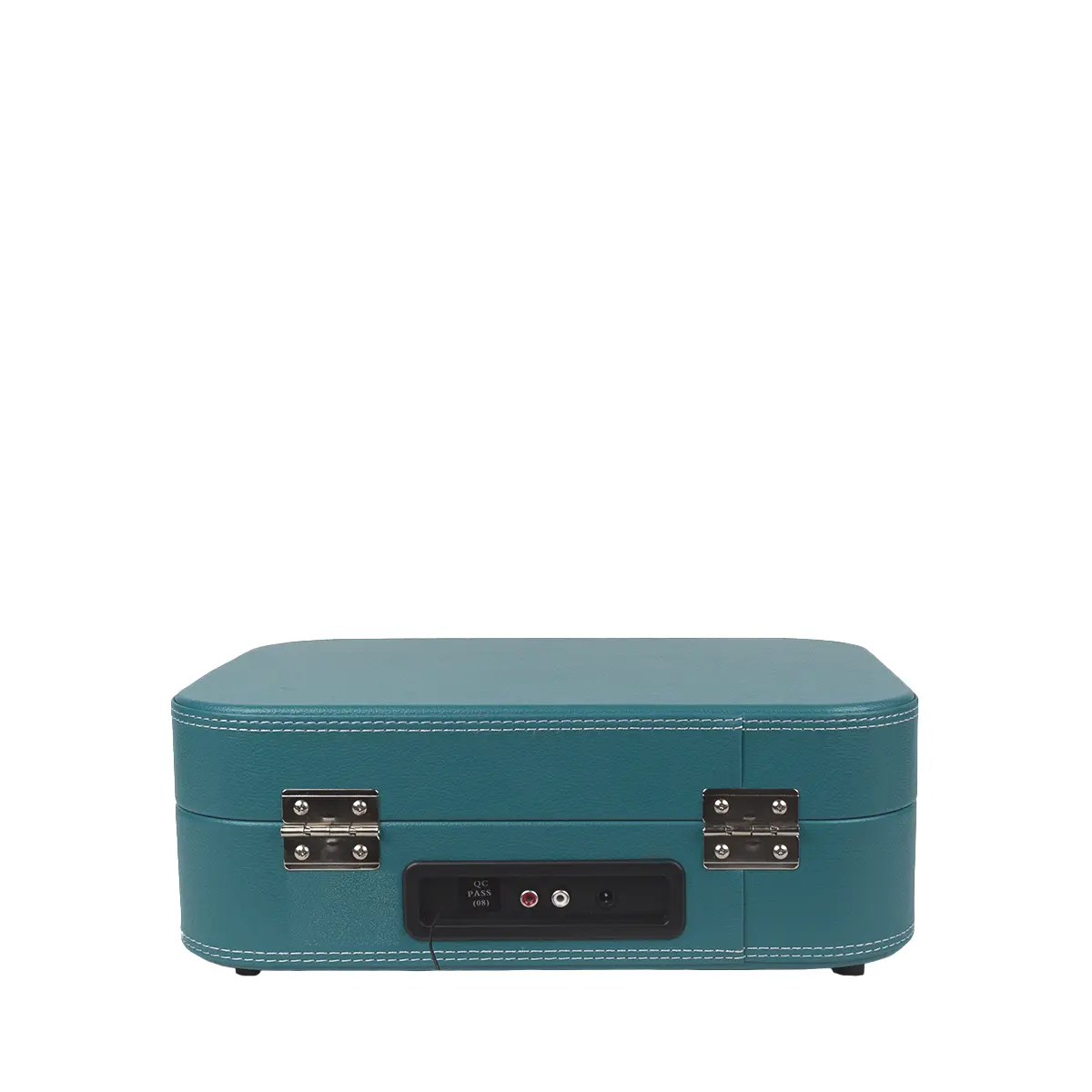 Zamknięty, turkusowy gramofon z białymi szwami i srebrnymi zawiasami.