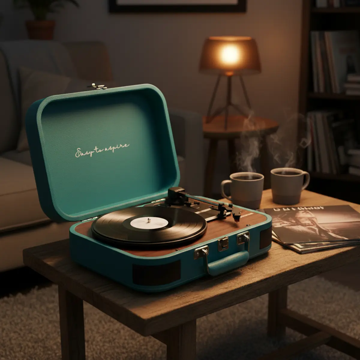 Turkusowy gramofon na drewnianym stole z dwoma parującymi filiżankami kawy.
