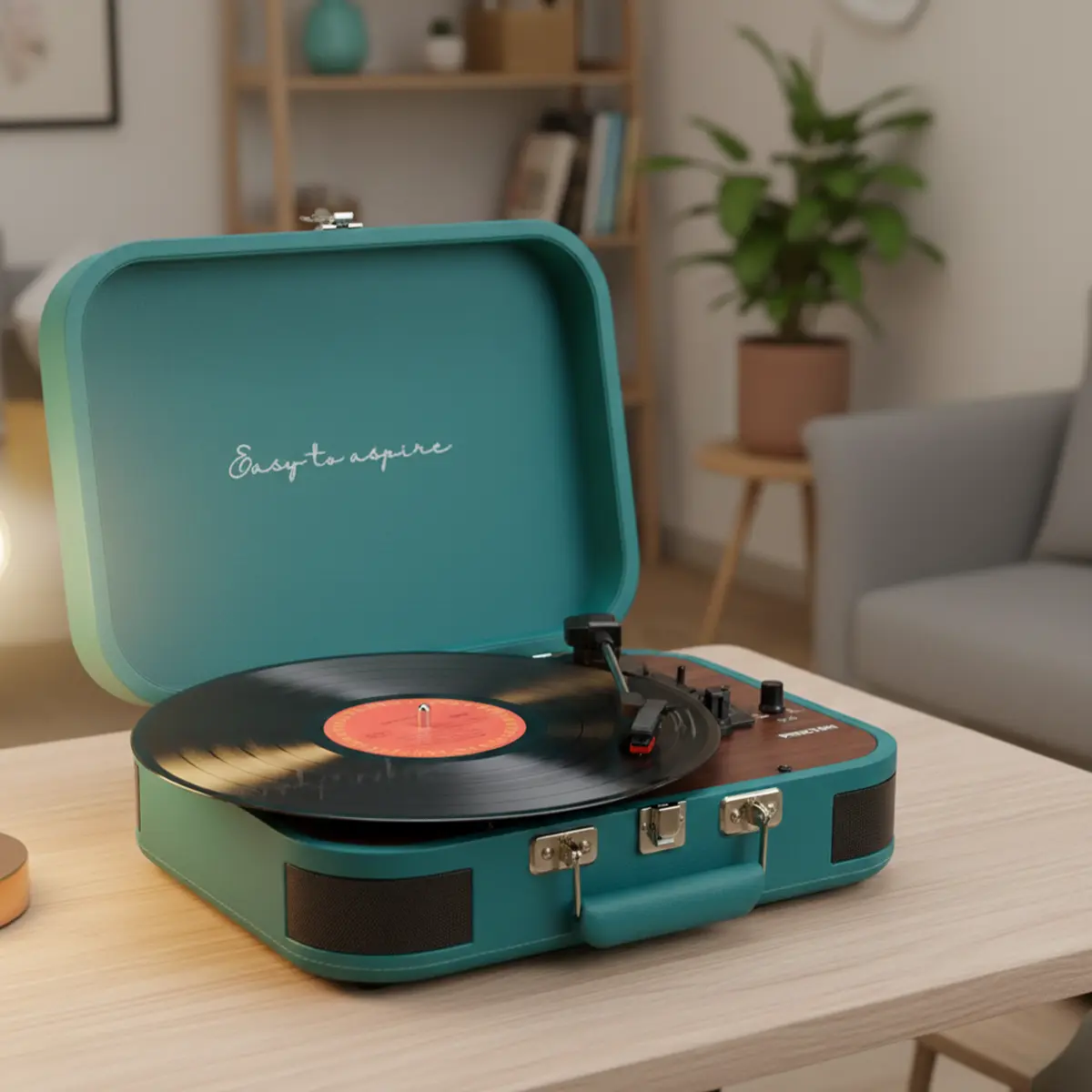 Tealowy gramofon walizkowy z płytą winylową na drewnianym stole.