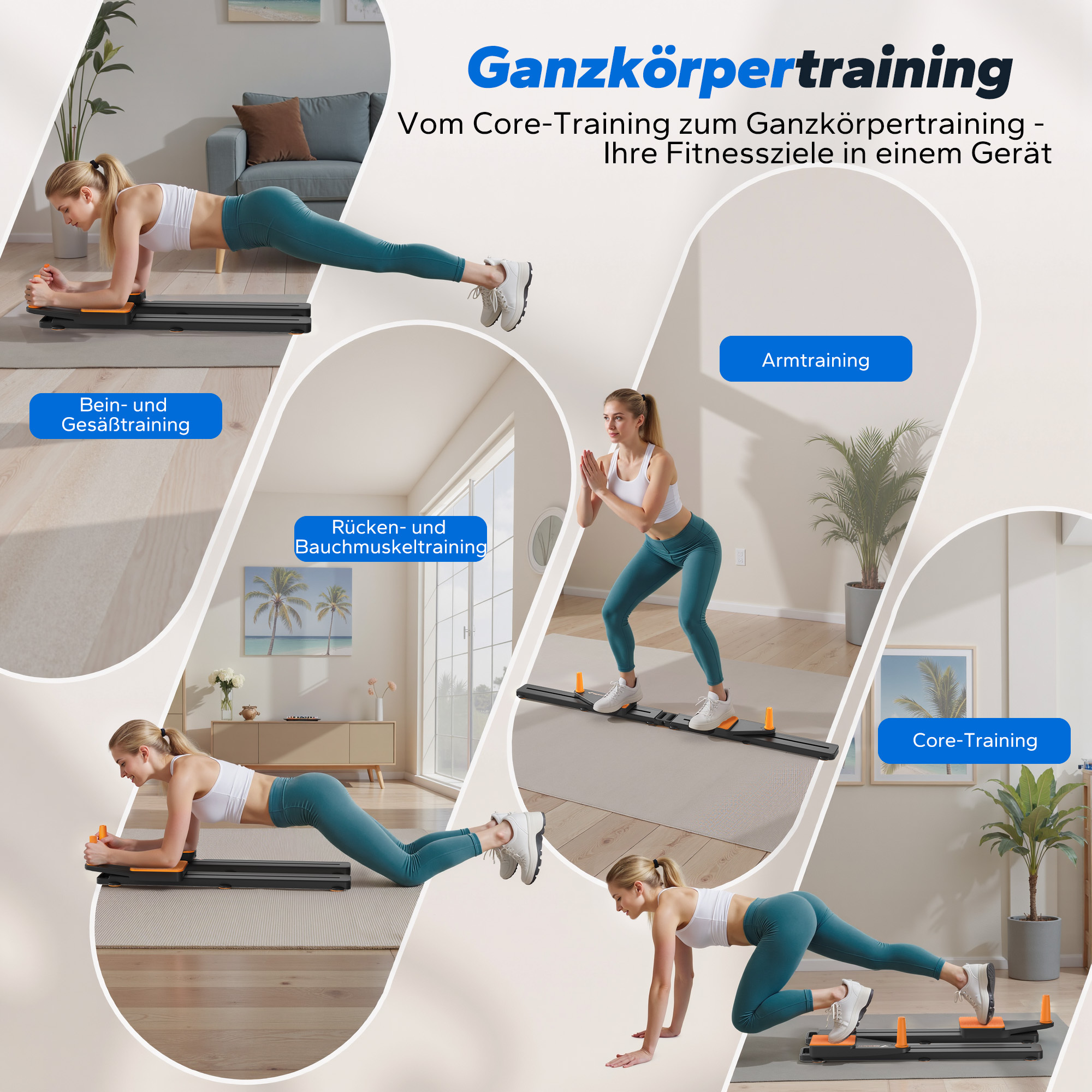 Frau macht Plank-Übung auf einem Trainingsgerät für Ganzkörpertraining.