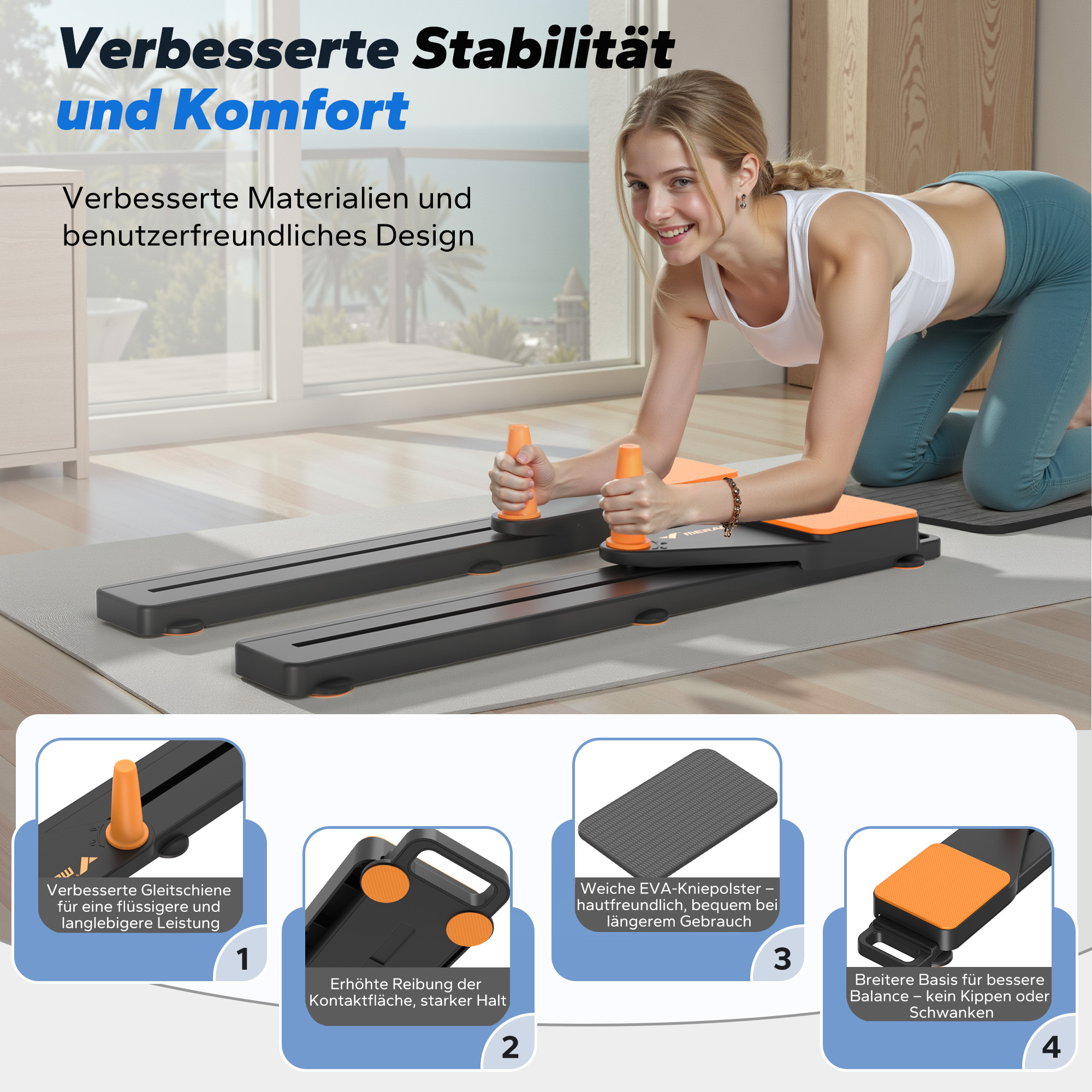Frau auf einem Trainingsgerät, das Stabilität und Komfort verspricht.