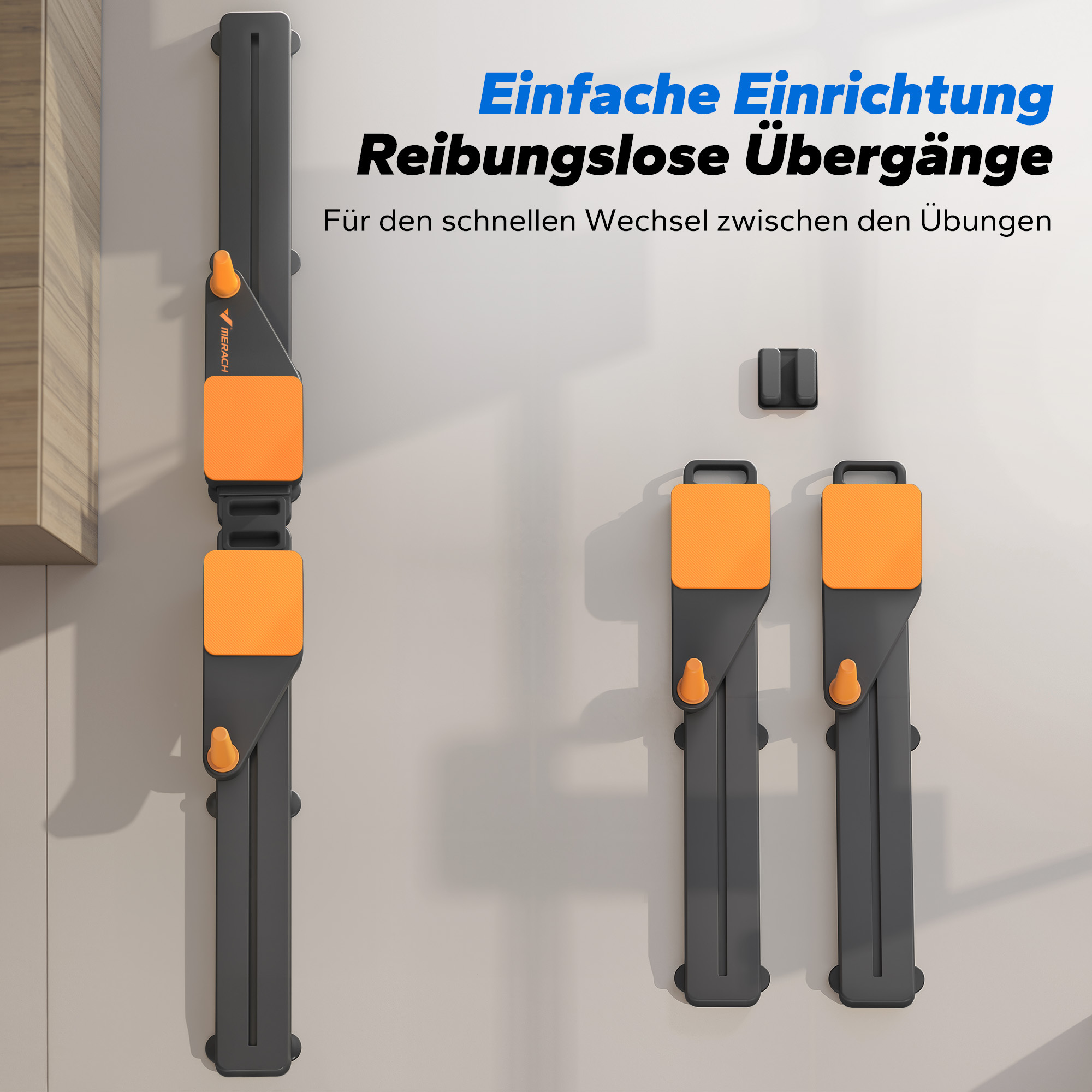 Graue und orangefarbene Fitnessgeräte an einer Wand.