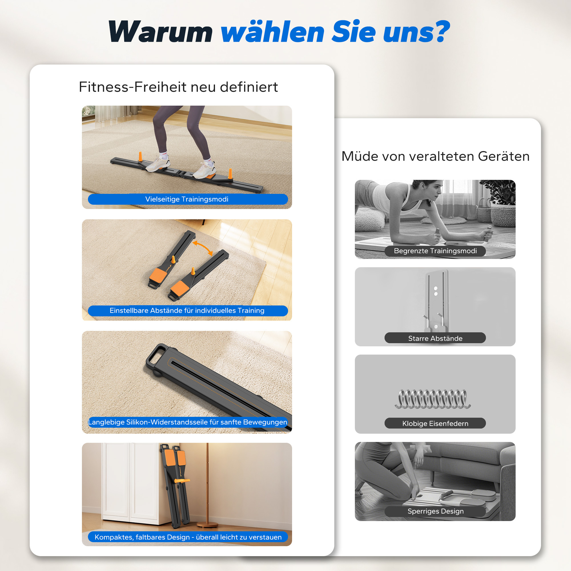 Fitnessgerät mit vielseitigen Modi, verstellbaren Abständen und Silikonseilen.