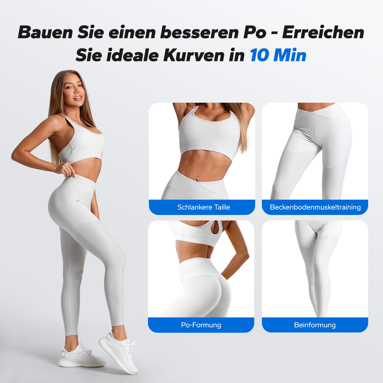 Frau in weißem Sportoutfit; Fokus auf Po-Formung, Taille, Beckenboden & Beine.