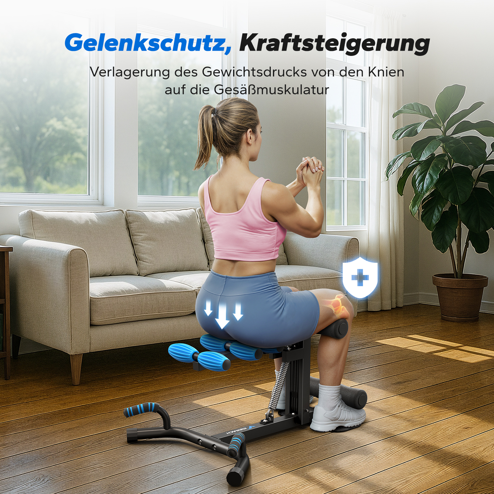 Frau trainiert auf einem Heimtrainer, der die Knie schont.