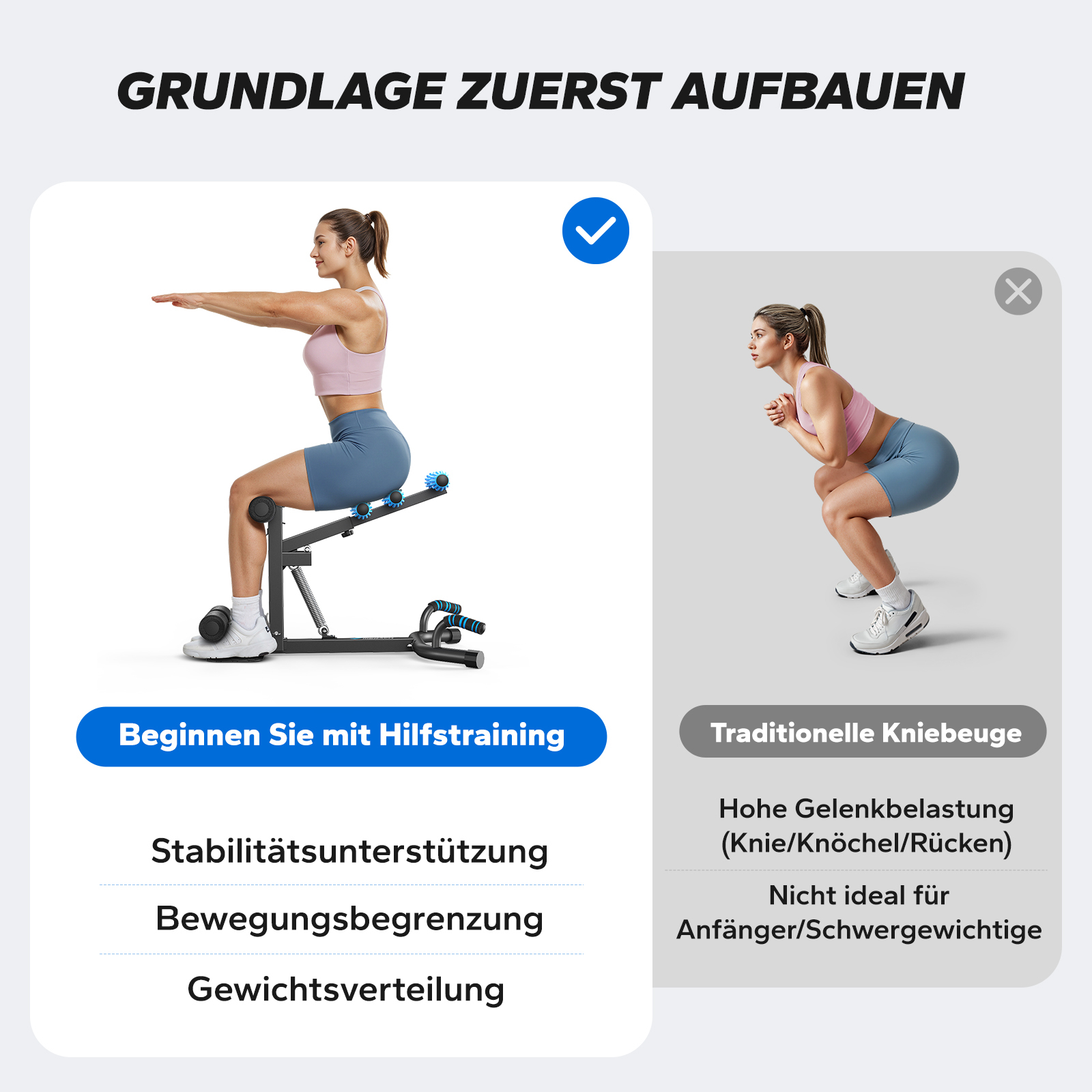 Frau auf Trainingsgerät, links; Frau bei Kniebeuge, rechts. Fokus auf Grundlagen-Aufbau.