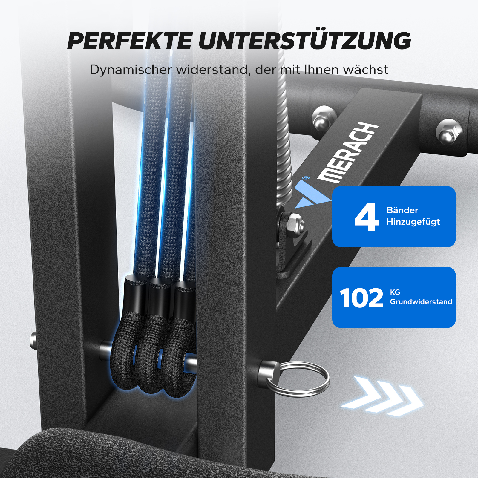 Gerät mit 4 Bändern für 102 kg Widerstand. "Perfekte Unterstützung".