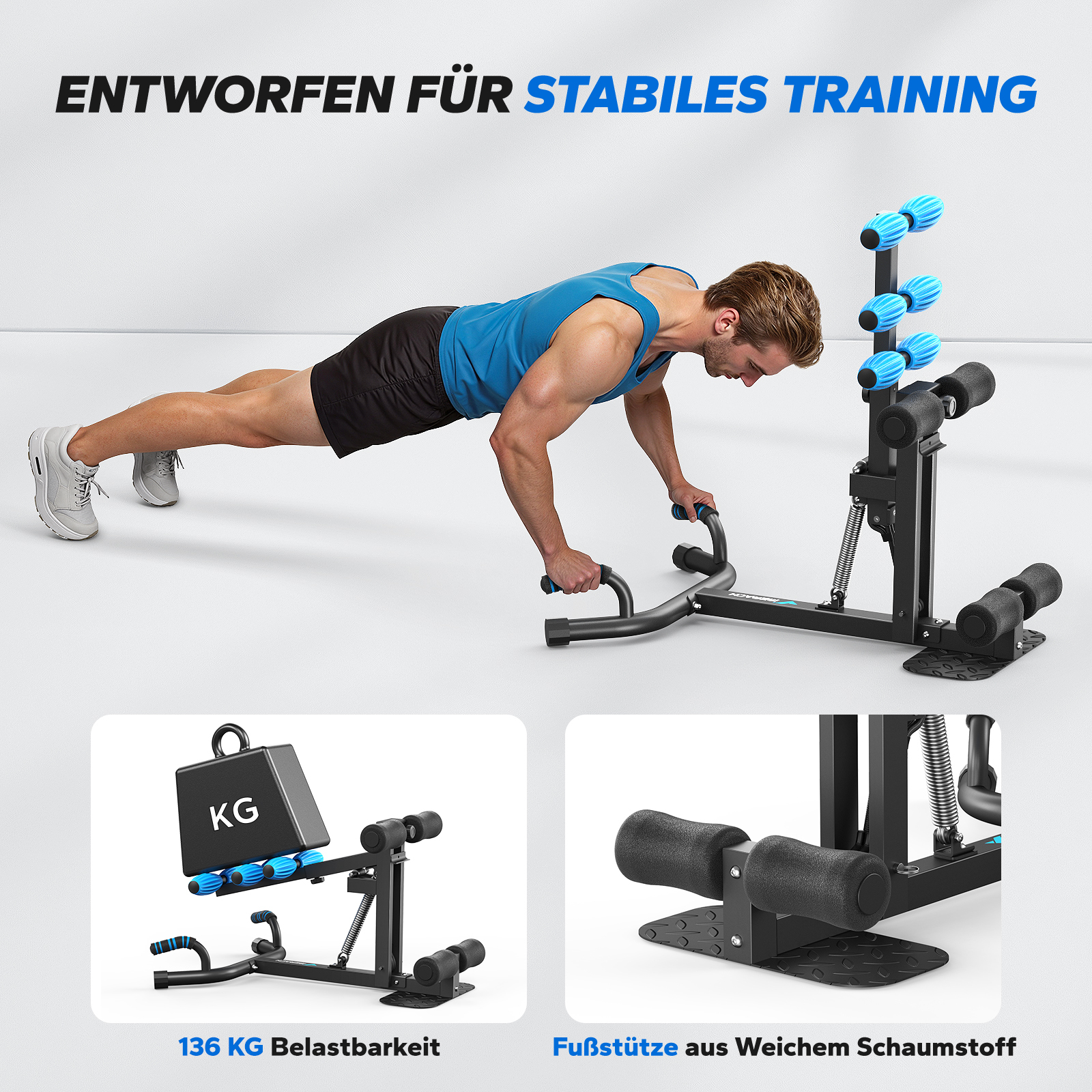 Mann macht Liegestütze auf einem Trainingsgerät mit blauen Rollen und Gewichtsblock.