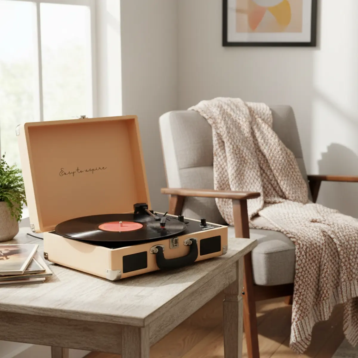 Gramofon na stole obok fotela z kocem.