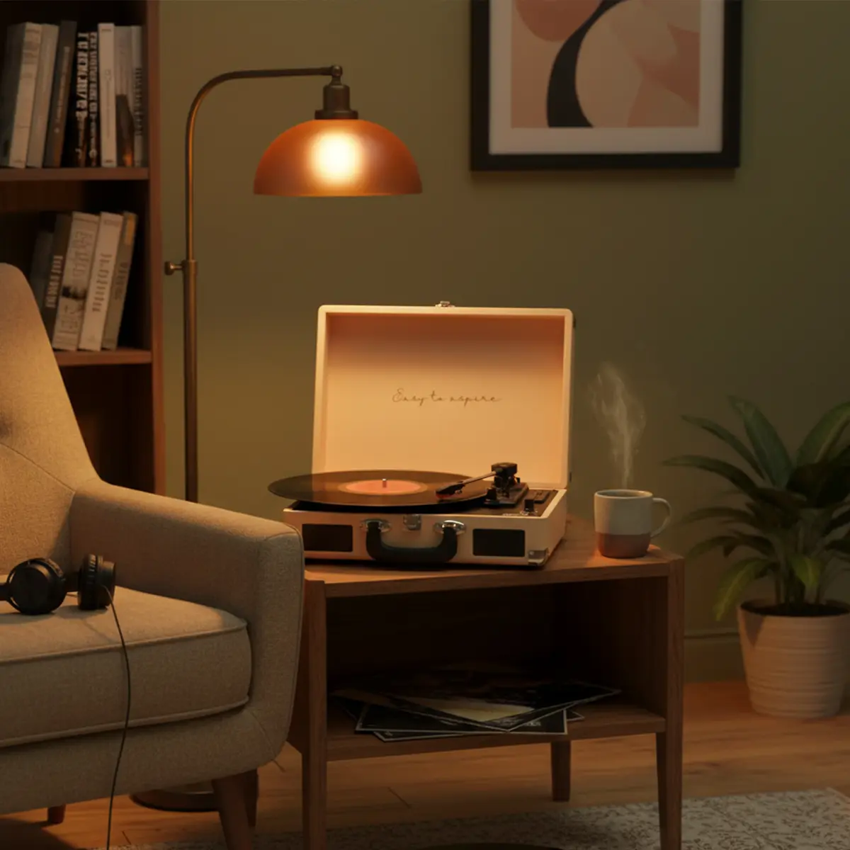 Fotel, gramofon, lampa i roślina w przytulnym pokoju.