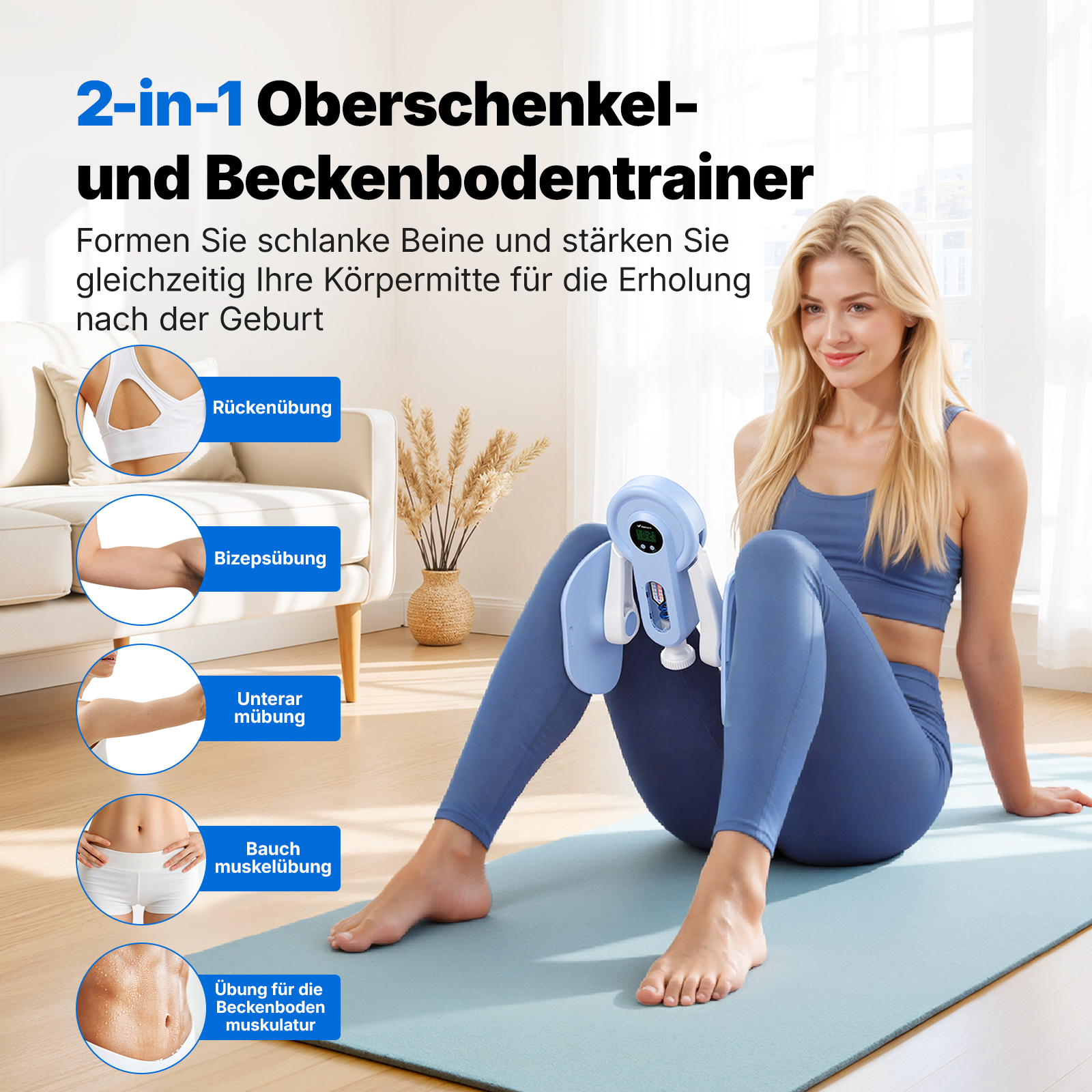 Eine Frau trainiert mit einem blauen Gerät für Oberschenkel und Beckenboden.