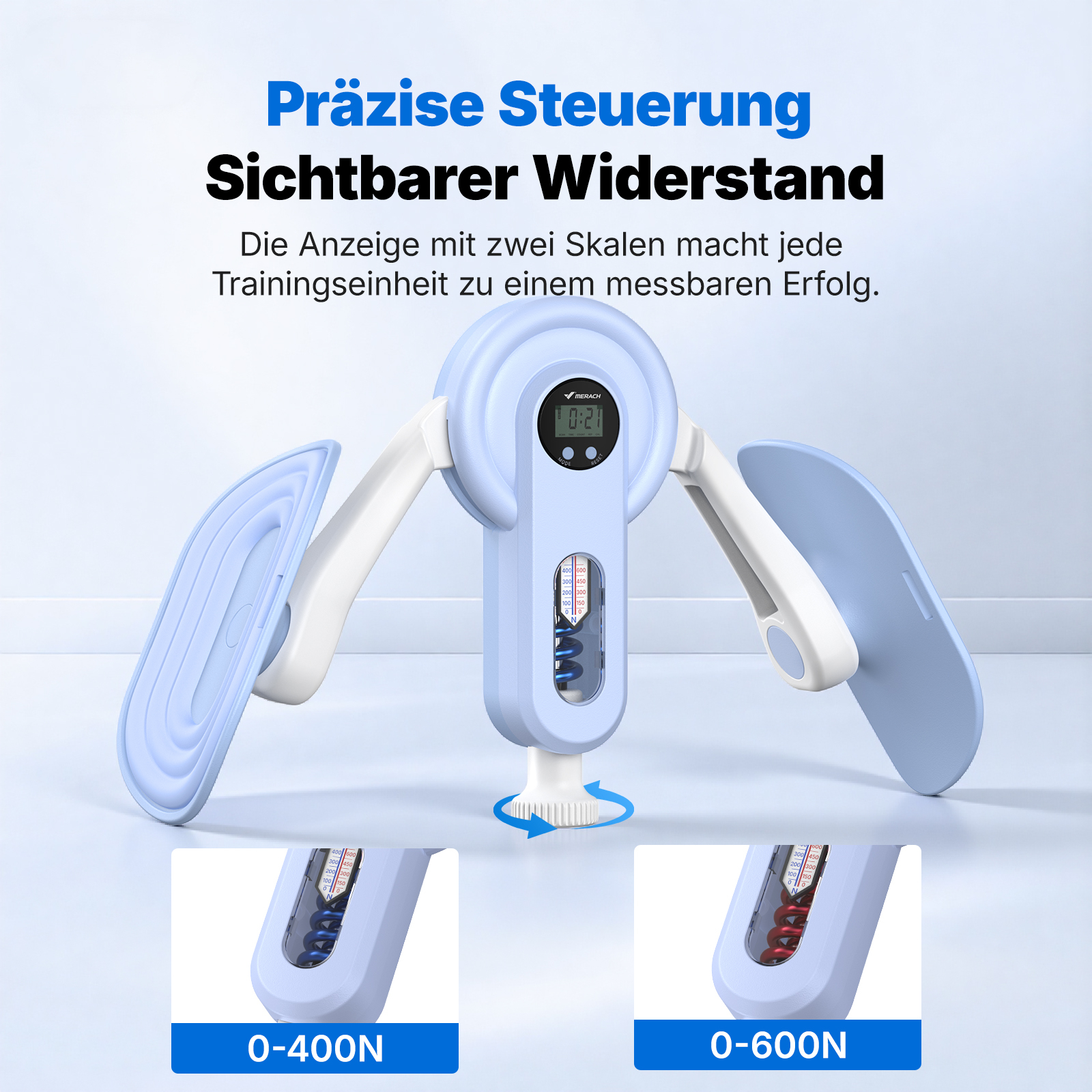 Blauer Trainingsgerät mit digitaler Anzeige, Skalen und Federn.
