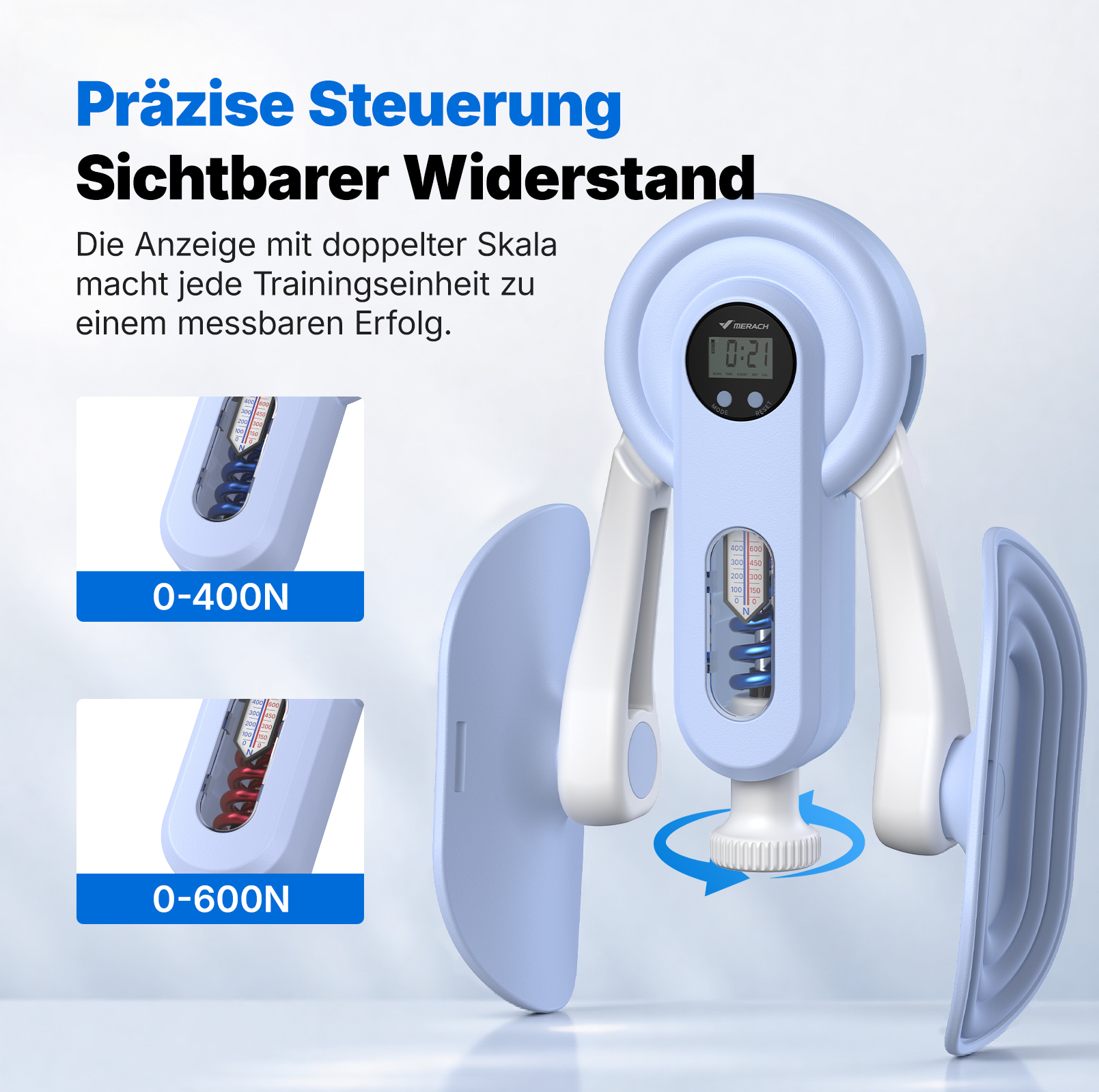 Ein blaues Handkraftmessgerät mit digitaler Anzeige und Skalen für 0-400N und 0-600N.
