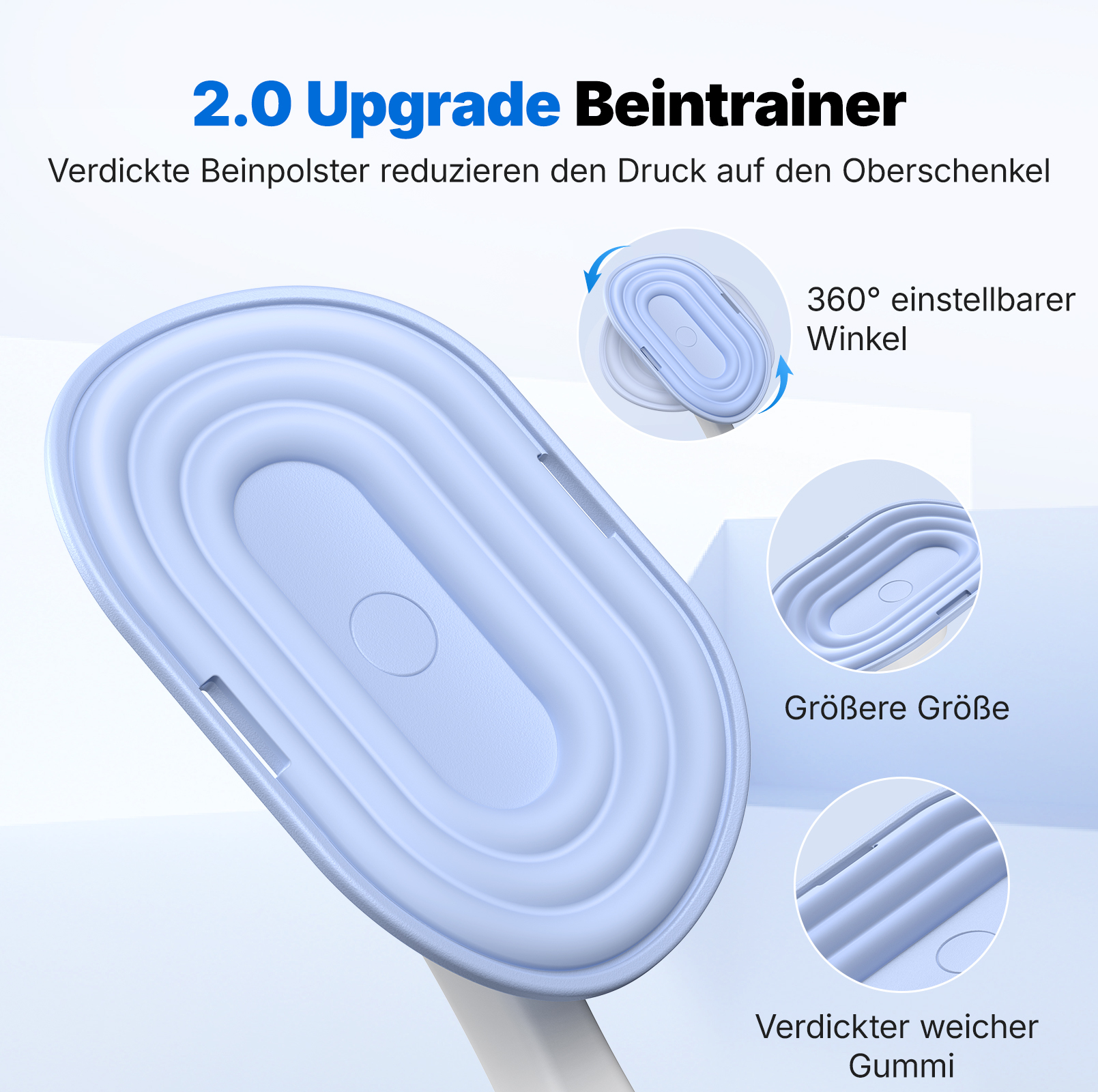 Ein blauer Bein-Trainer mit Text-Highlights über Funktionen wie 360° Winkel.