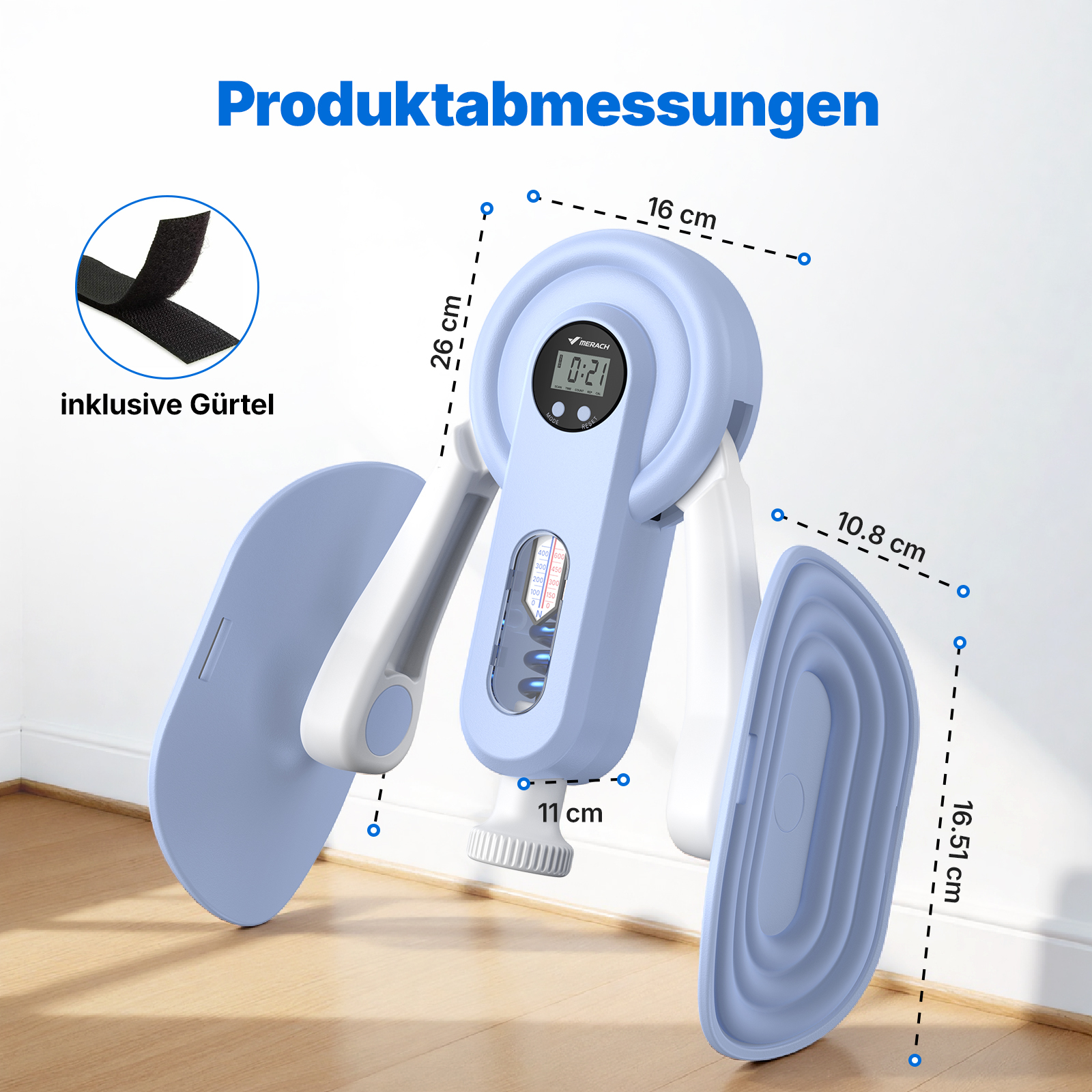 Ein blaues Messgerät mit digitaler Anzeige, Maßen und inklusive Gürtel-Hinweis.
