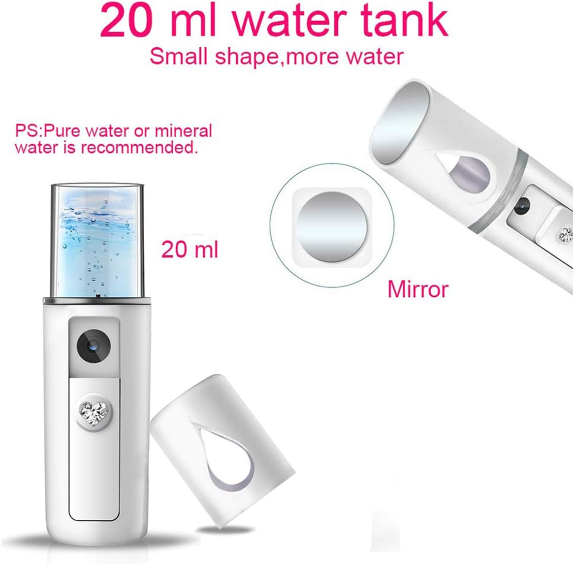 Ein weißer Sprühzerstäuber mit 20ml Wassertank, Spiegel und Kappe.