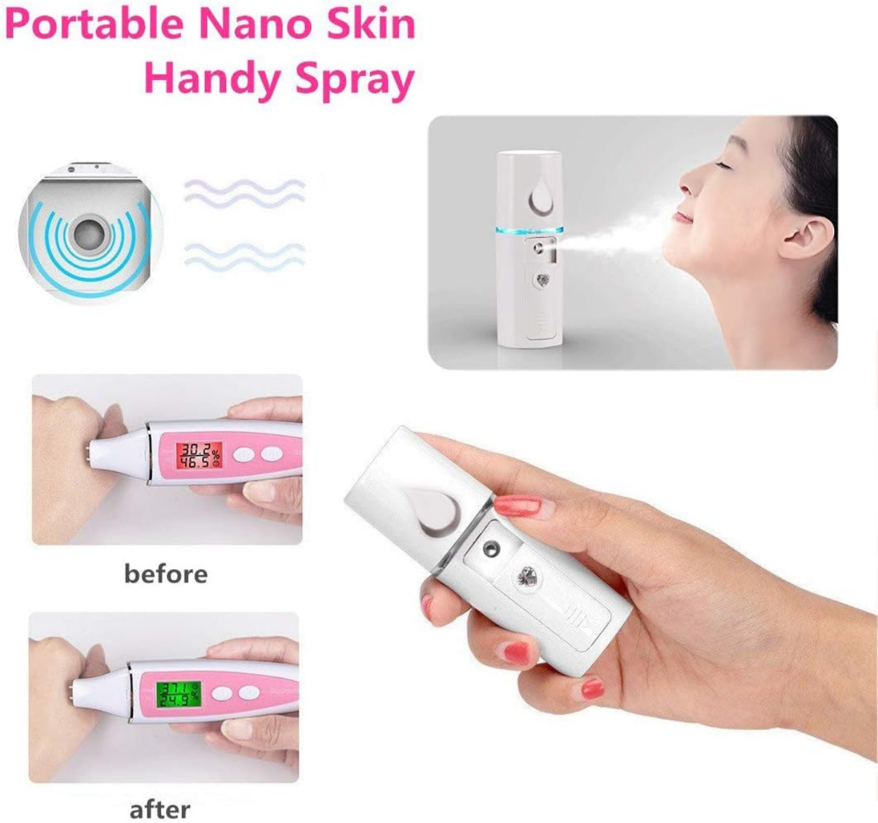 Tragbares Nano-Hautspray: Anwendung, Ergebnisse vor/nach und Gerät in Hand.