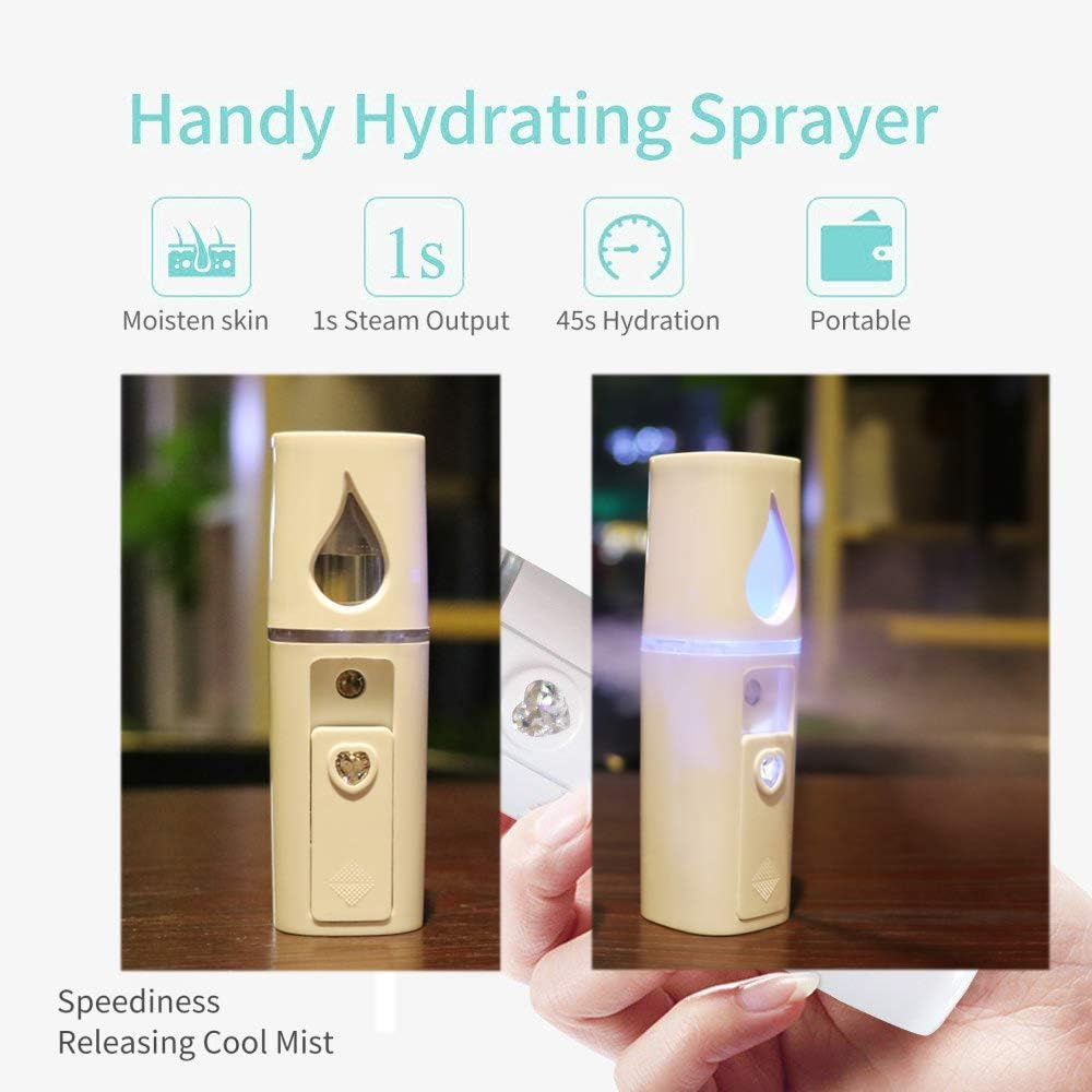 Ein beiger Hand-Hydrator sprüht feinen Nebel. Oben sind Symbole und Text.