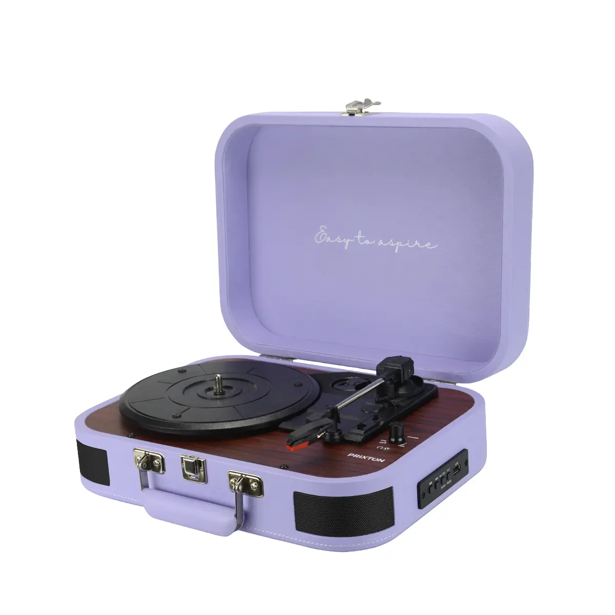 Fioletowy gramofon z drewnianymi akcentami i otwartą pokrywą. Napis: Easy to aspire.