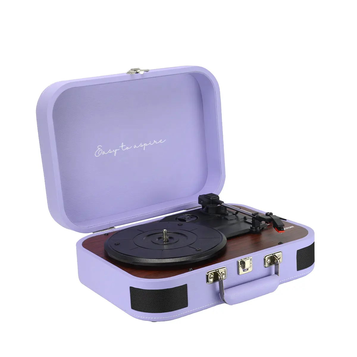 Fioletowy gramofon w stylu walizki z drewnianym detalem i srebrnym okuciem.