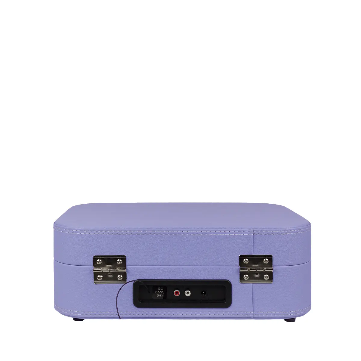 Fioletowy gramofon z srebrnymi zawiasami i portami.