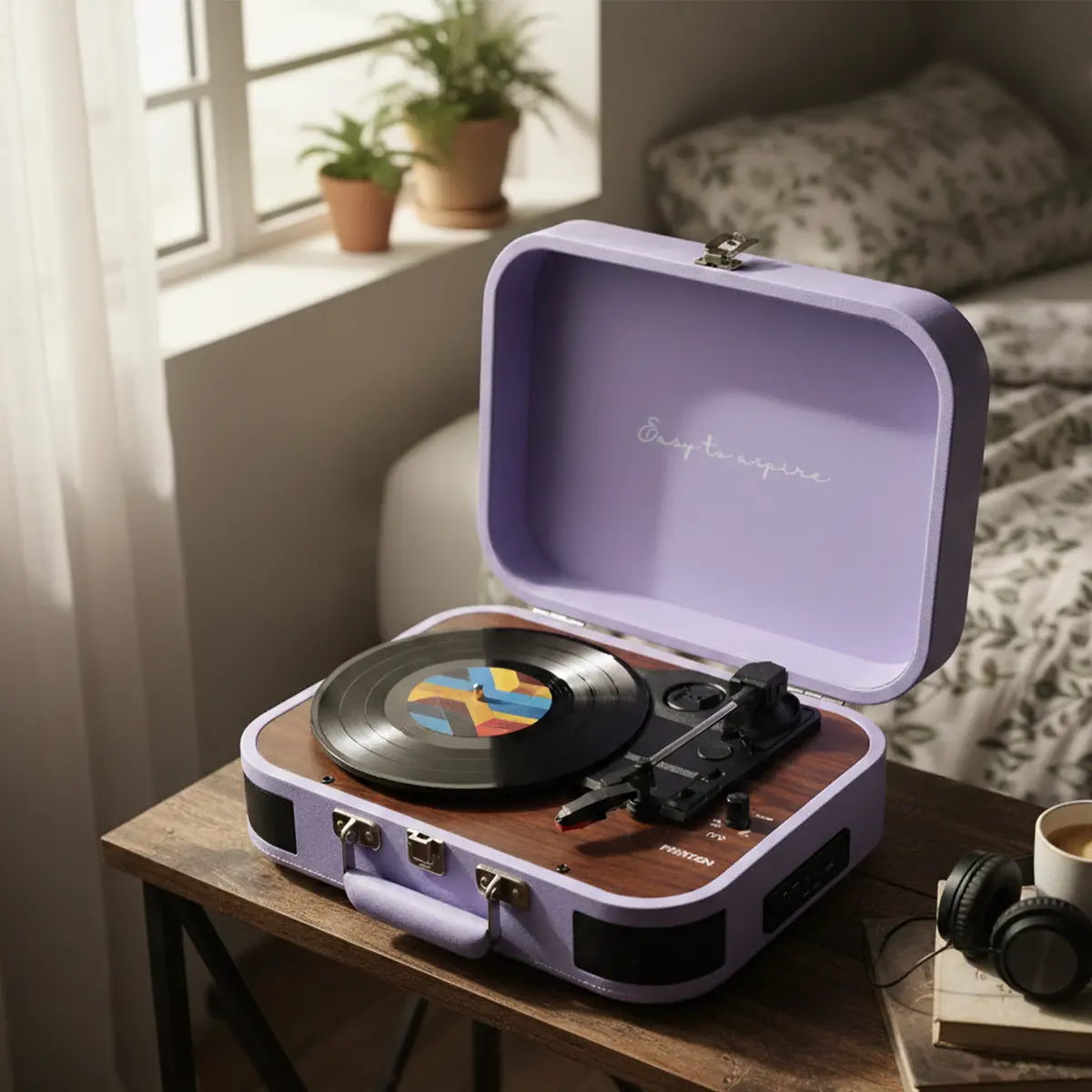 Fioletowy gramofon z płytą winylową na drewnianym stole.