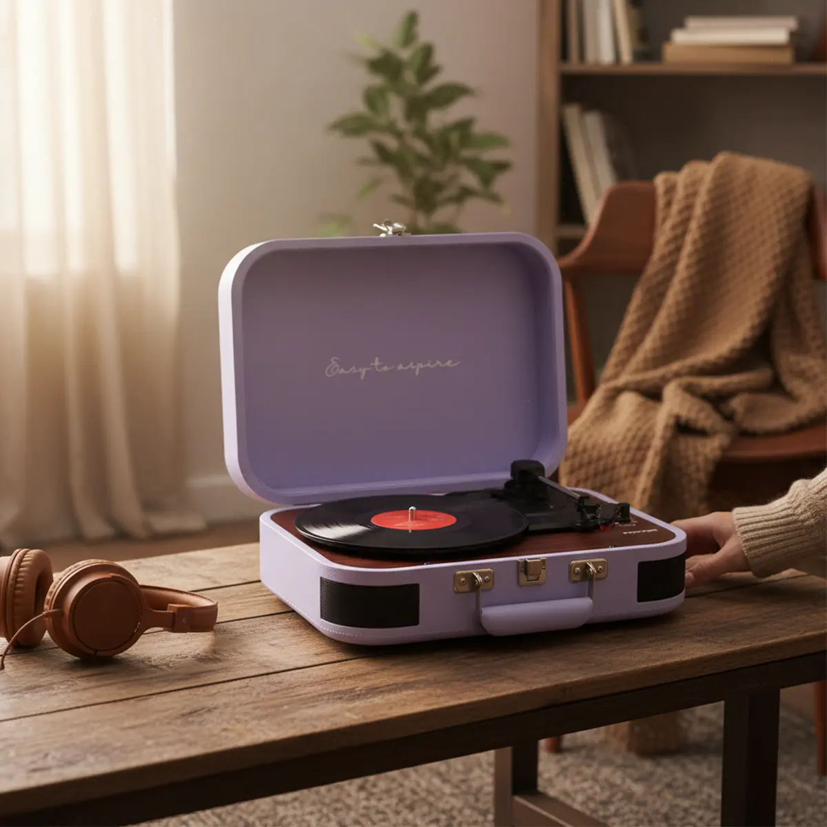 Fioletowy gramofon z płytą winylową stoi na drewnianym stole. Po lewej stronie znajdują się słuchawki.