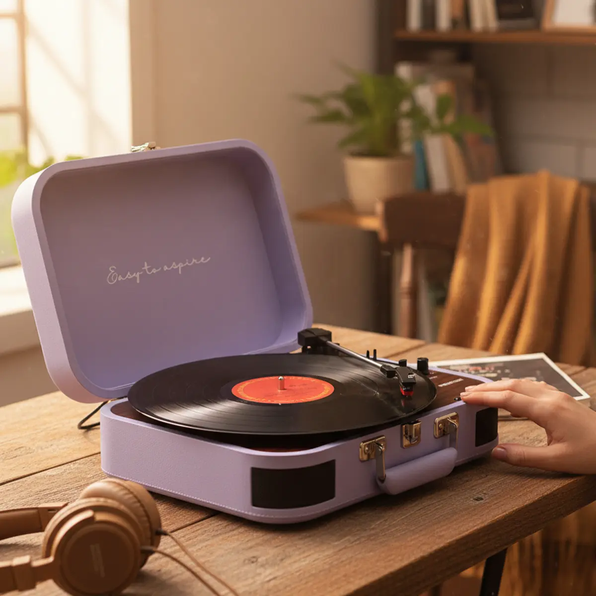 Lawendowy gramofon z igłą na płycie winylowej, słuchawki w pobliżu.