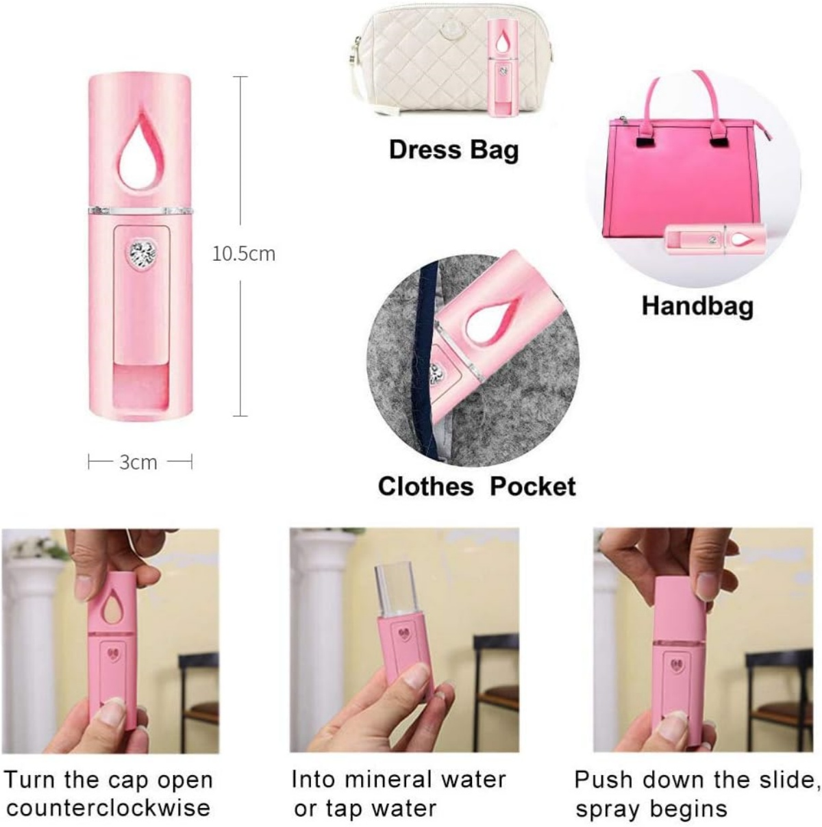 Ein rosa Sprühgerät (10,5 cm x 3 cm) mit Tropfenöffnung und Kristall. Daneben: Tasche, Handtasche, Hosentasche.