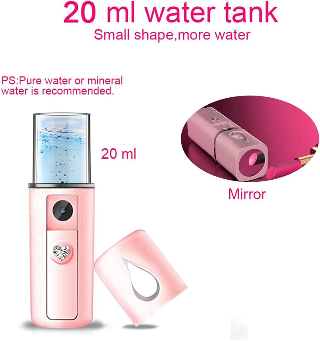Ein rosa Handzerstäuber mit 20 ml Wassertank und einem Spiegel.