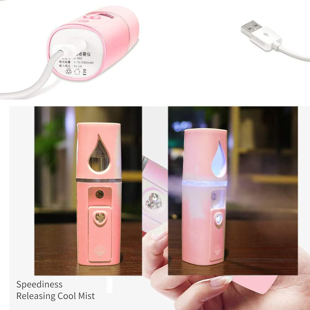 Ein rosa Sprühgerät mit USB-Kabel und einem Wassertropfen-Symbol.
