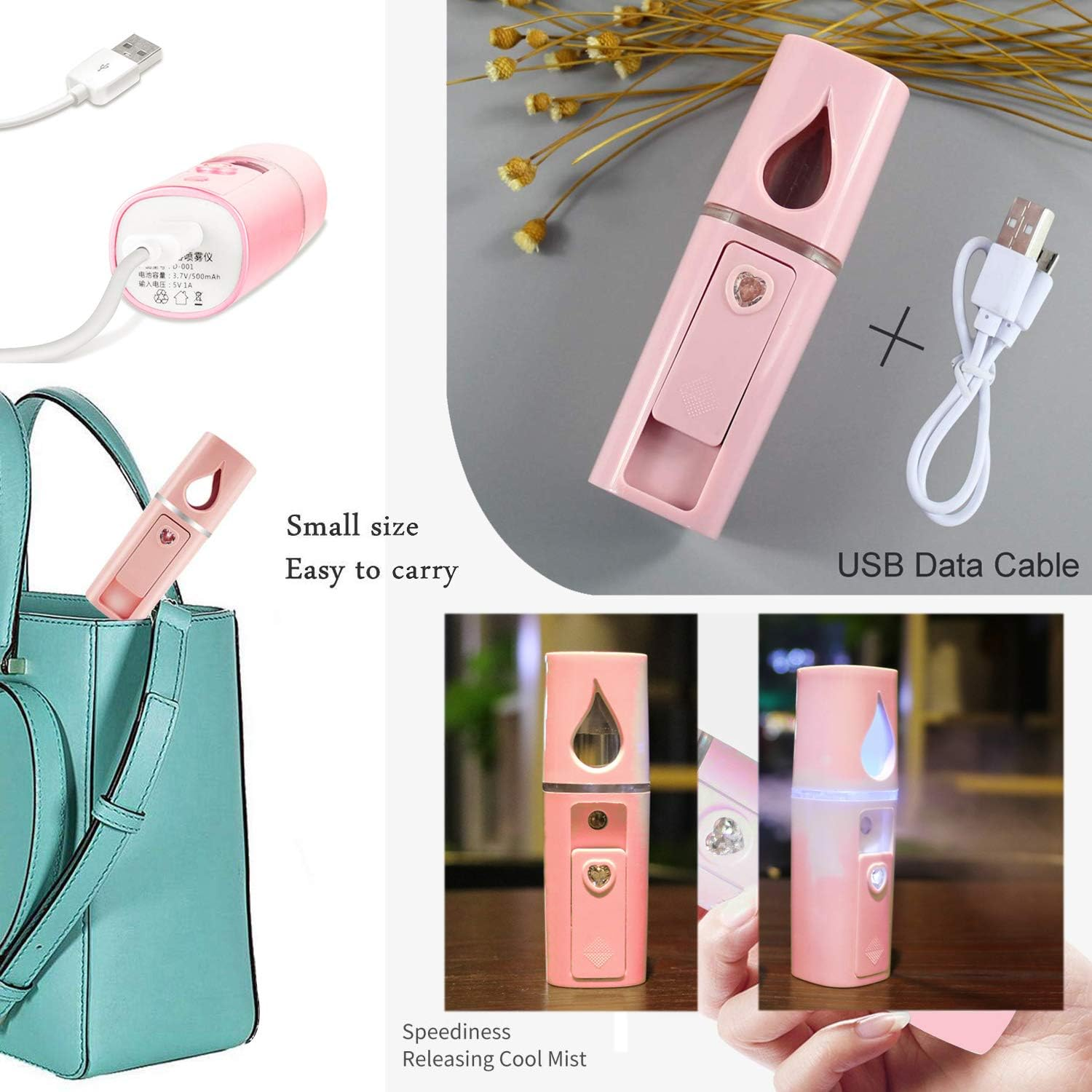 Rosa Gesichtsnebler mit USB-Kabel, gezeigt mit einer türkisfarbenen Tasche und in der Hand.