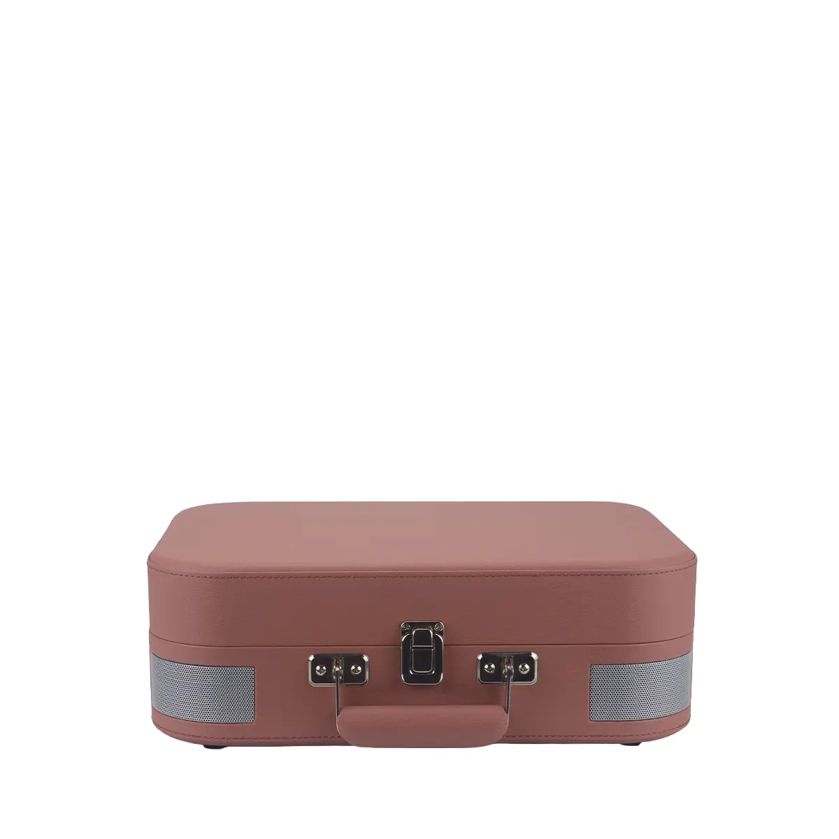 Pudrowo-różowa walizka z srebrnymi kratkami głośników i uchwytem.