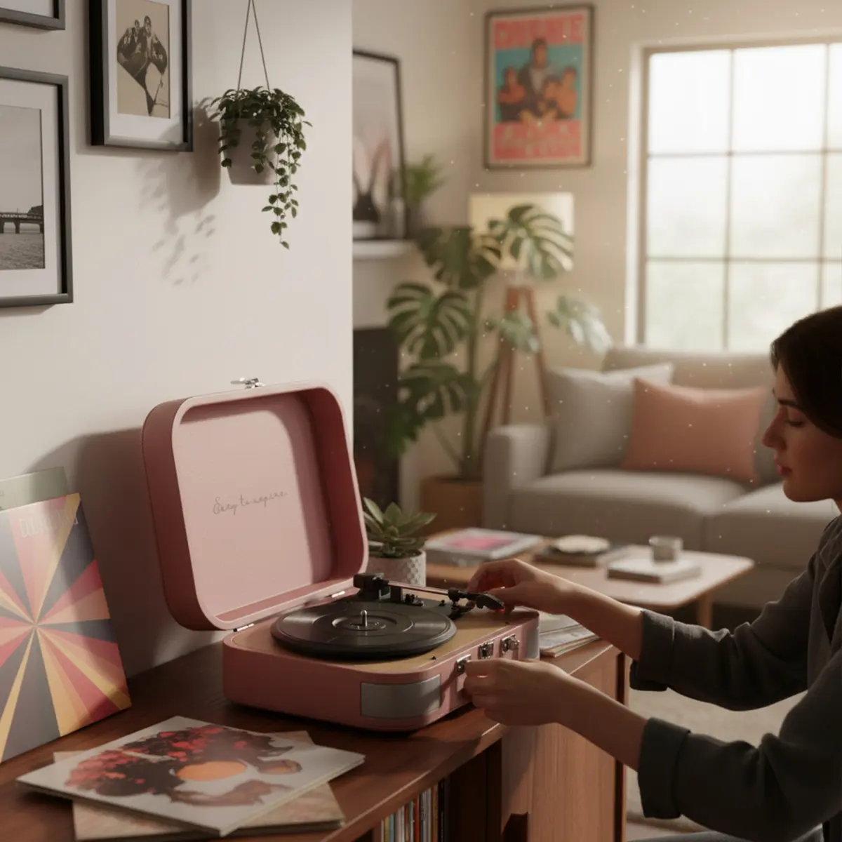Kobieta obsługuje różowy gramofon w salonie z roślinami i sofą.