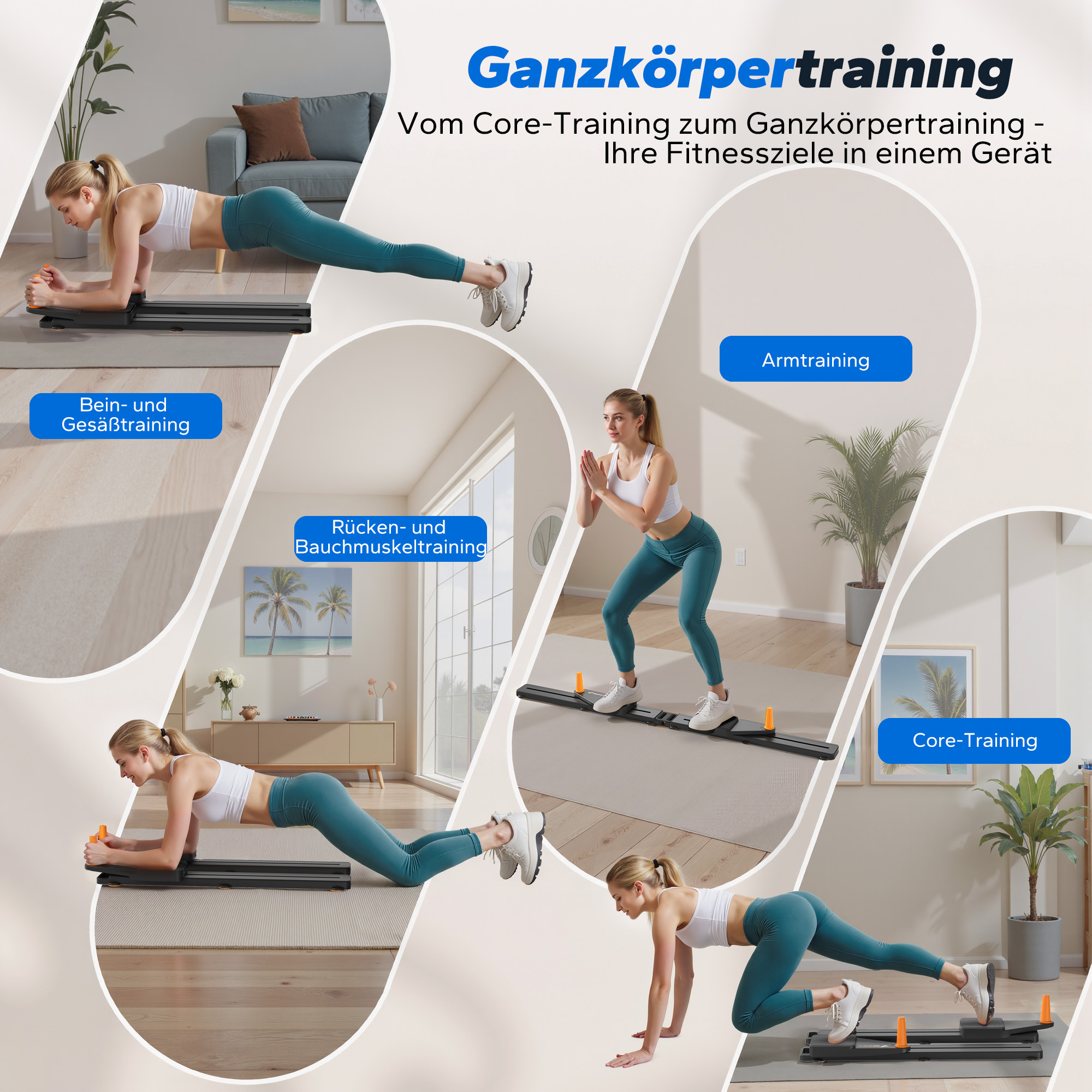 Frau macht Ganzkörpertraining: Bein-, Arm-, Rücken- und Core-Übungen.