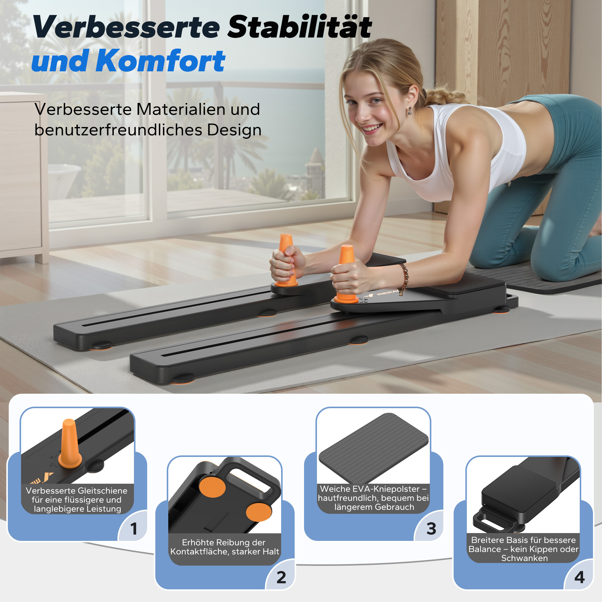 Frau auf einem Fitnessgerät kniend, mit Text über Stabilität und Komfort.