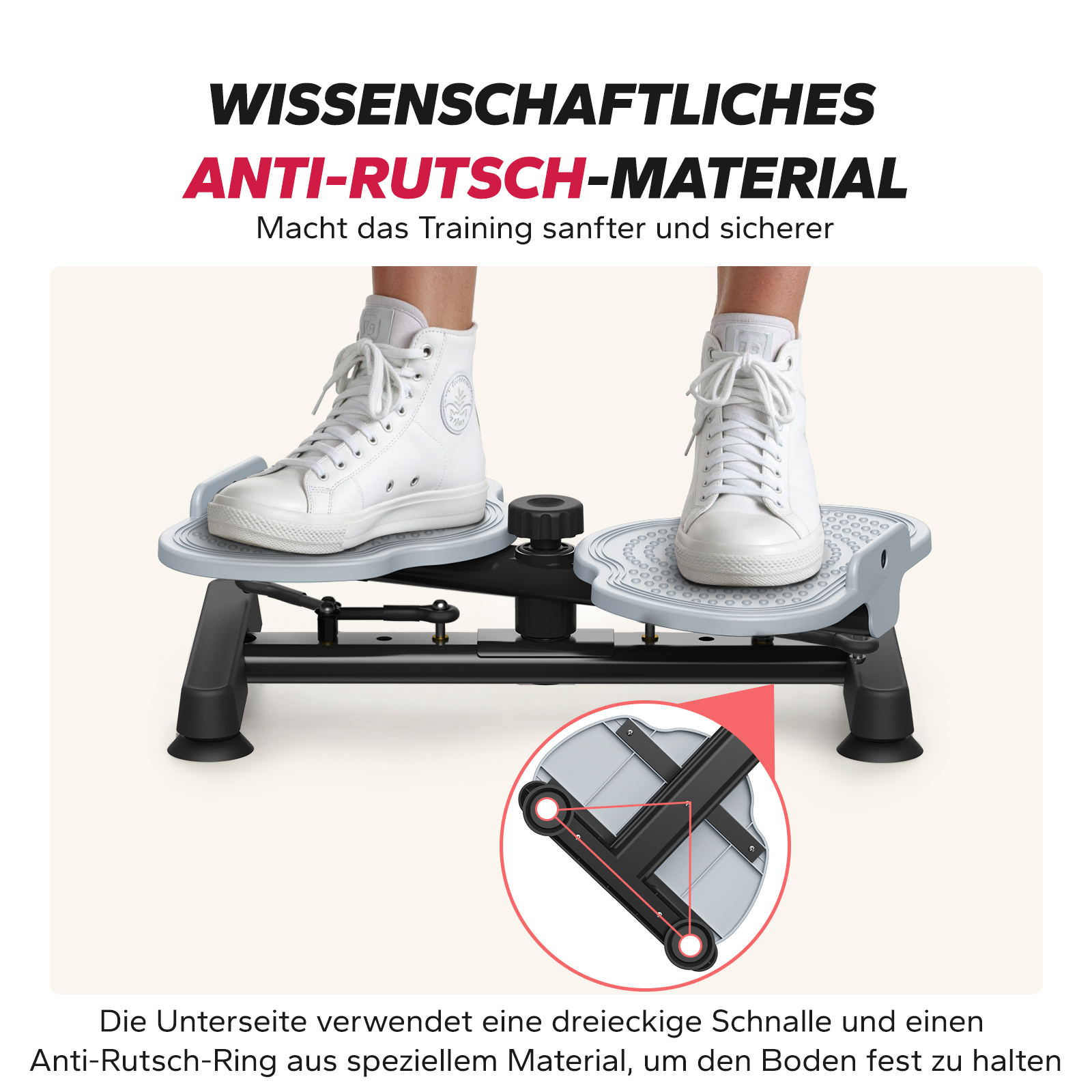 Füße in weißen Turnschuhen auf einem Stepper mit Nahaufnahme der Unterseite.