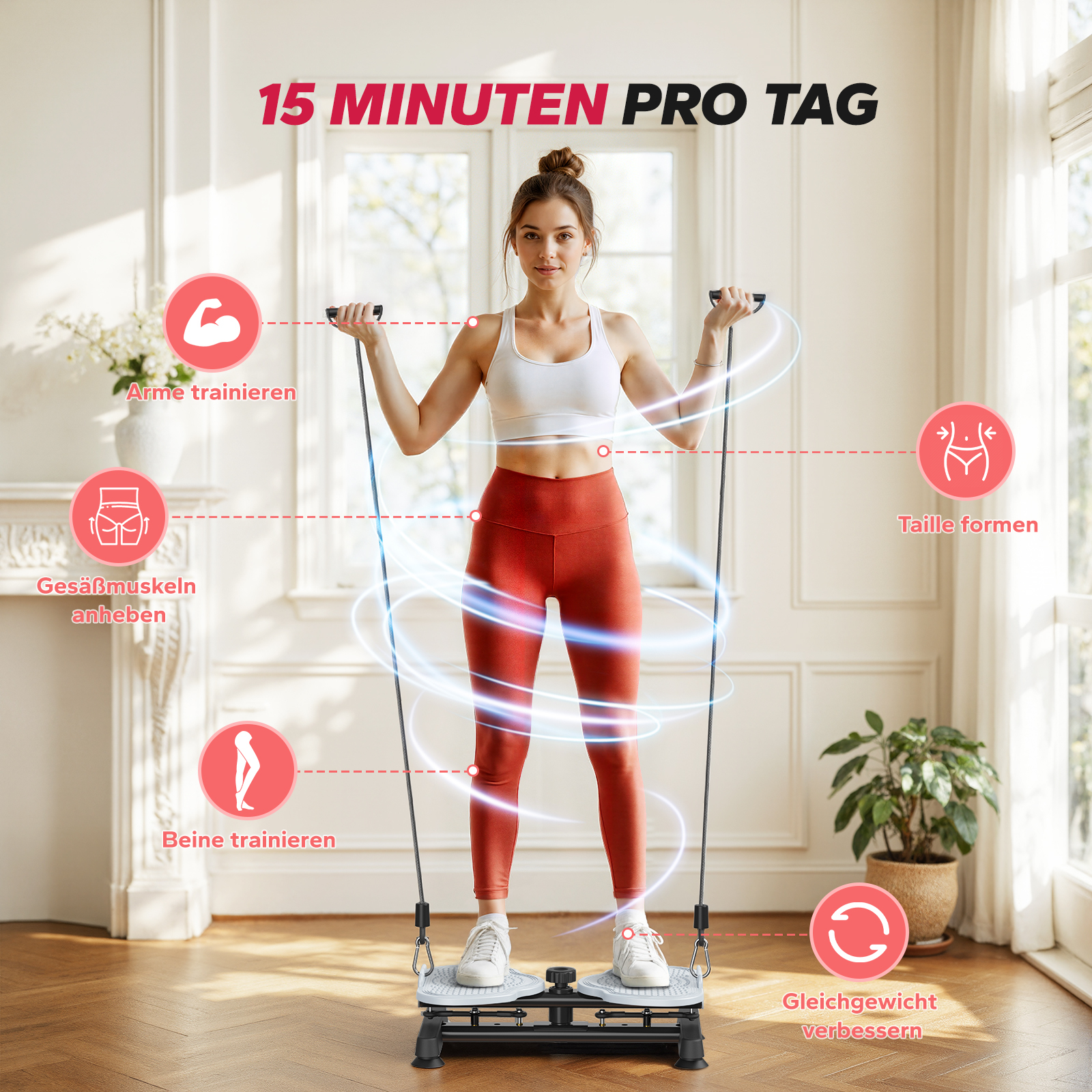 Frau trainiert mit einem Stepper und Widerstandsbändern, um Arme, Taille, Beine und Gesäß zu formen.