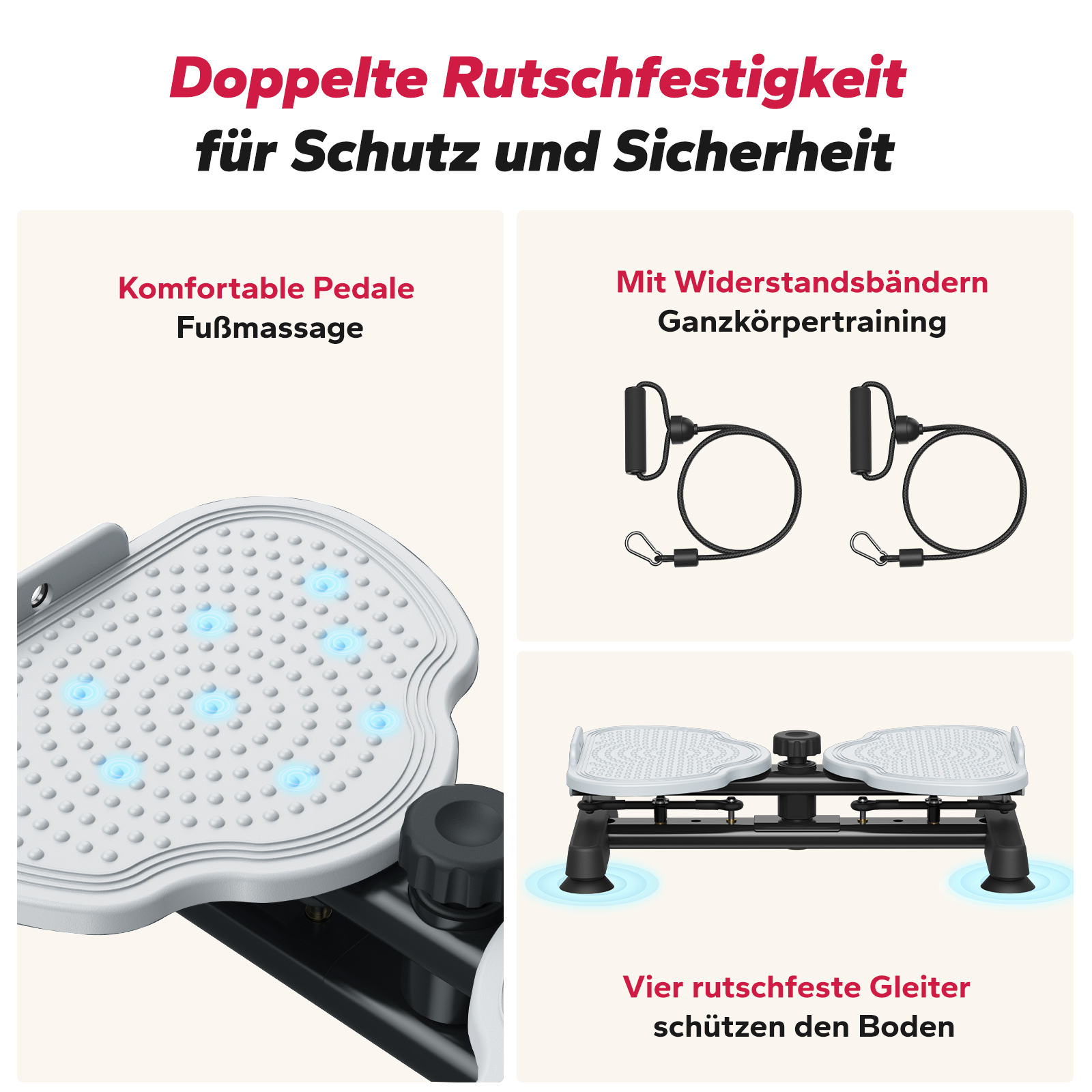 Doppelte Rutschfestigkeit für Schutz und Sicherheit. Komfortable Pedale mit Fußmassage.