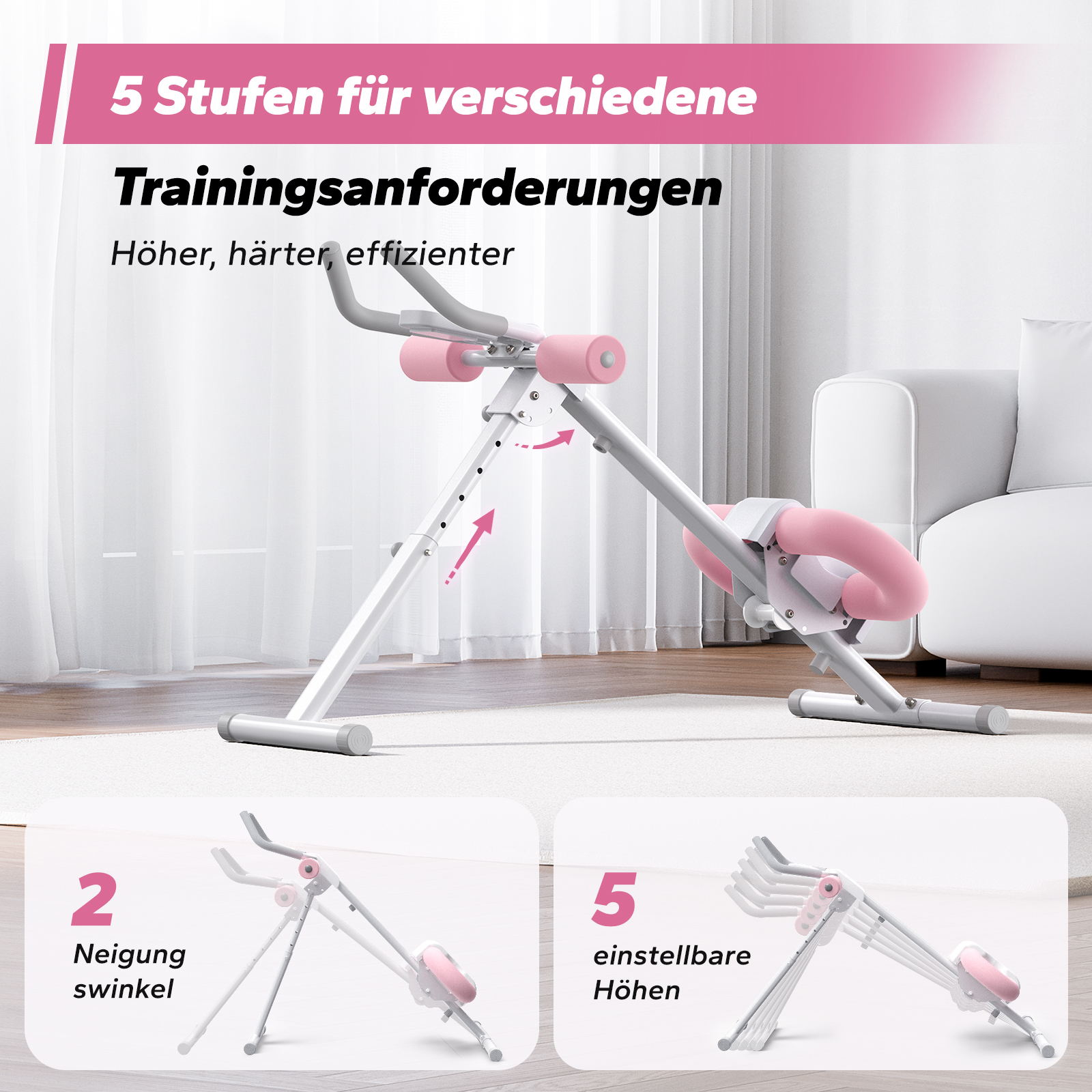 Ein rosa und weißer Bauchtrainer mit 5 Stufen für verschiedene Trainingsanforderungen.