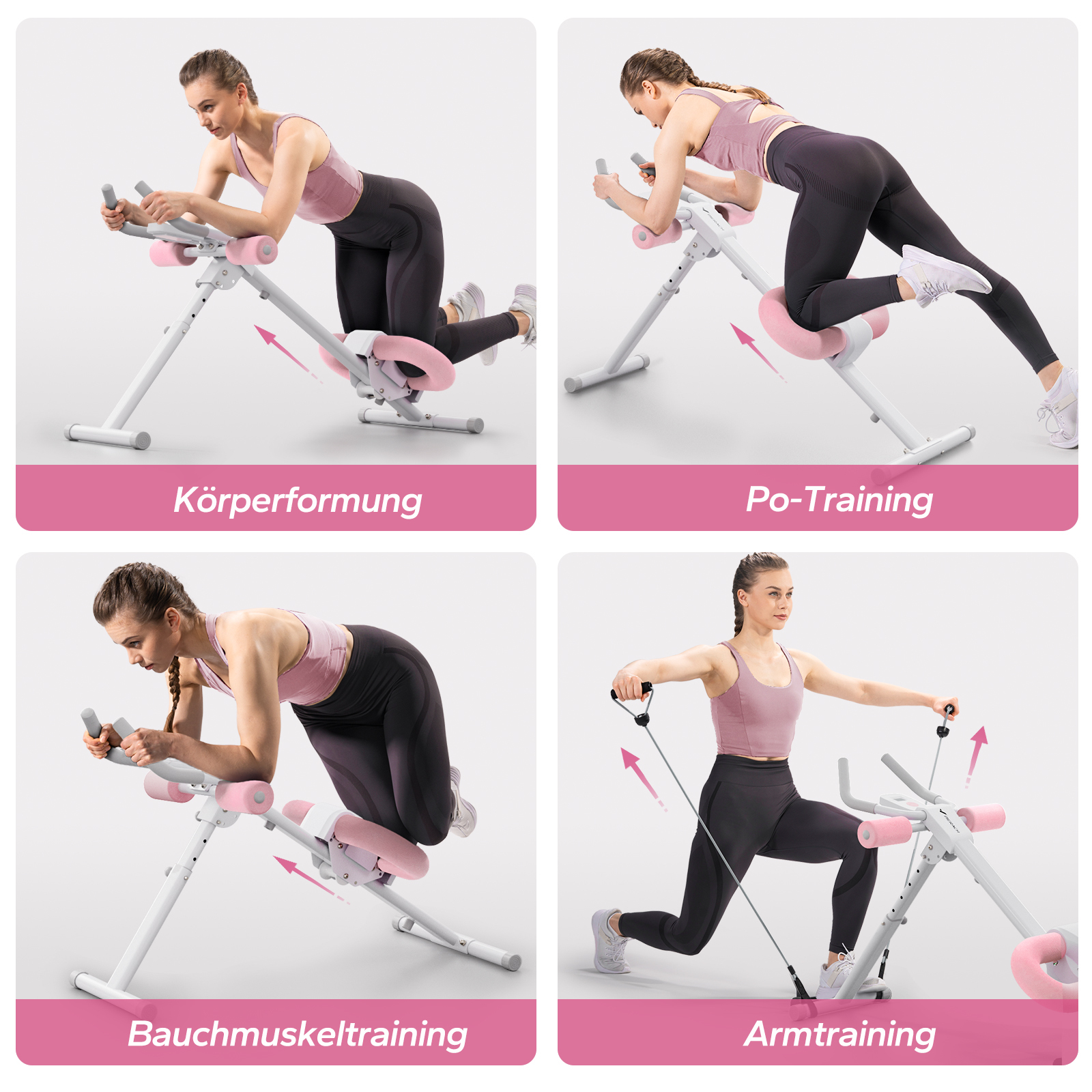 Frau macht Übungen auf einem Fitnessgerät für Körperformung, Po-Training, Bauchmuskeltraining und Armtraining.
